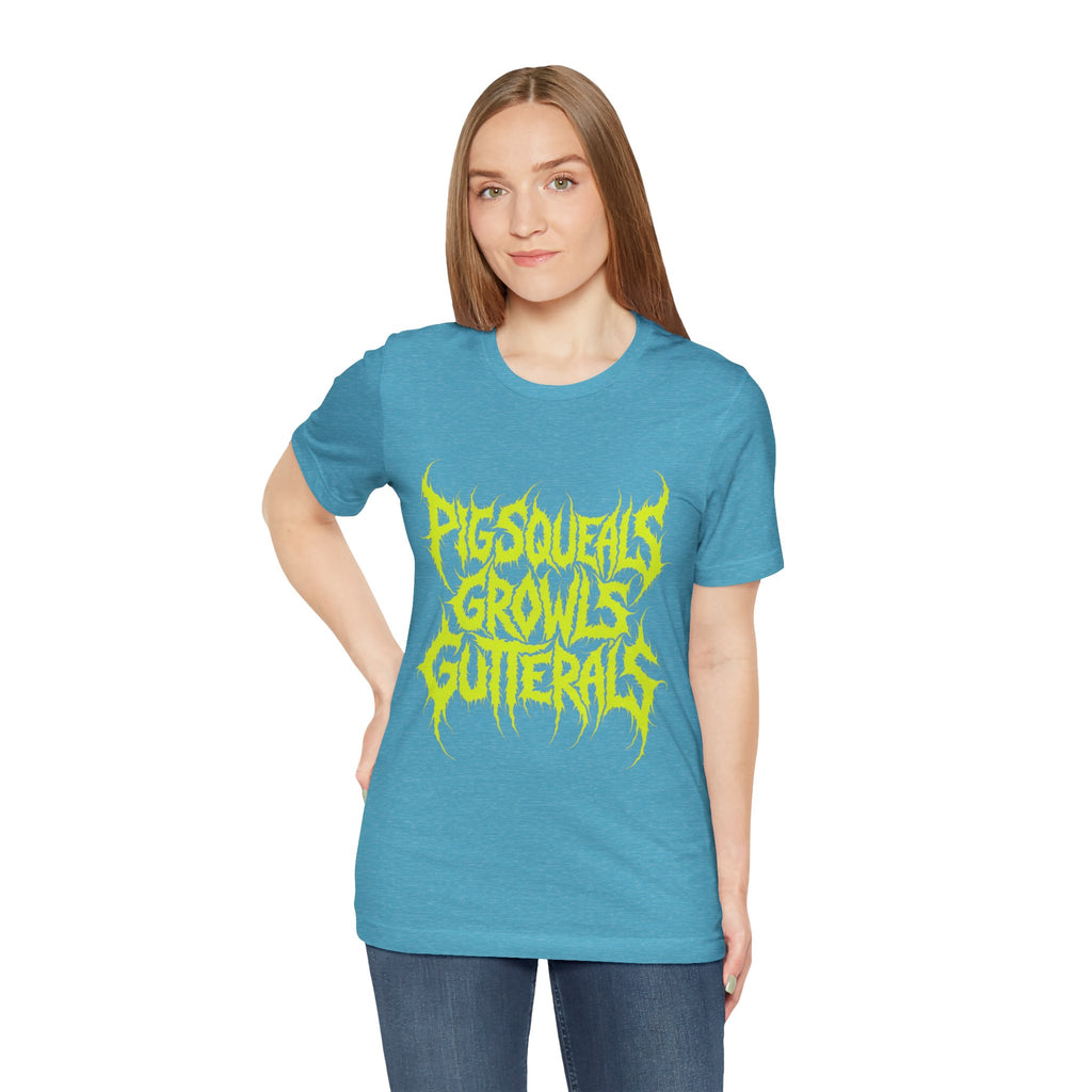 Metal Band Tee — "Pigsqueals Growls Gutterals" Neon Deathcore T-Shirt
