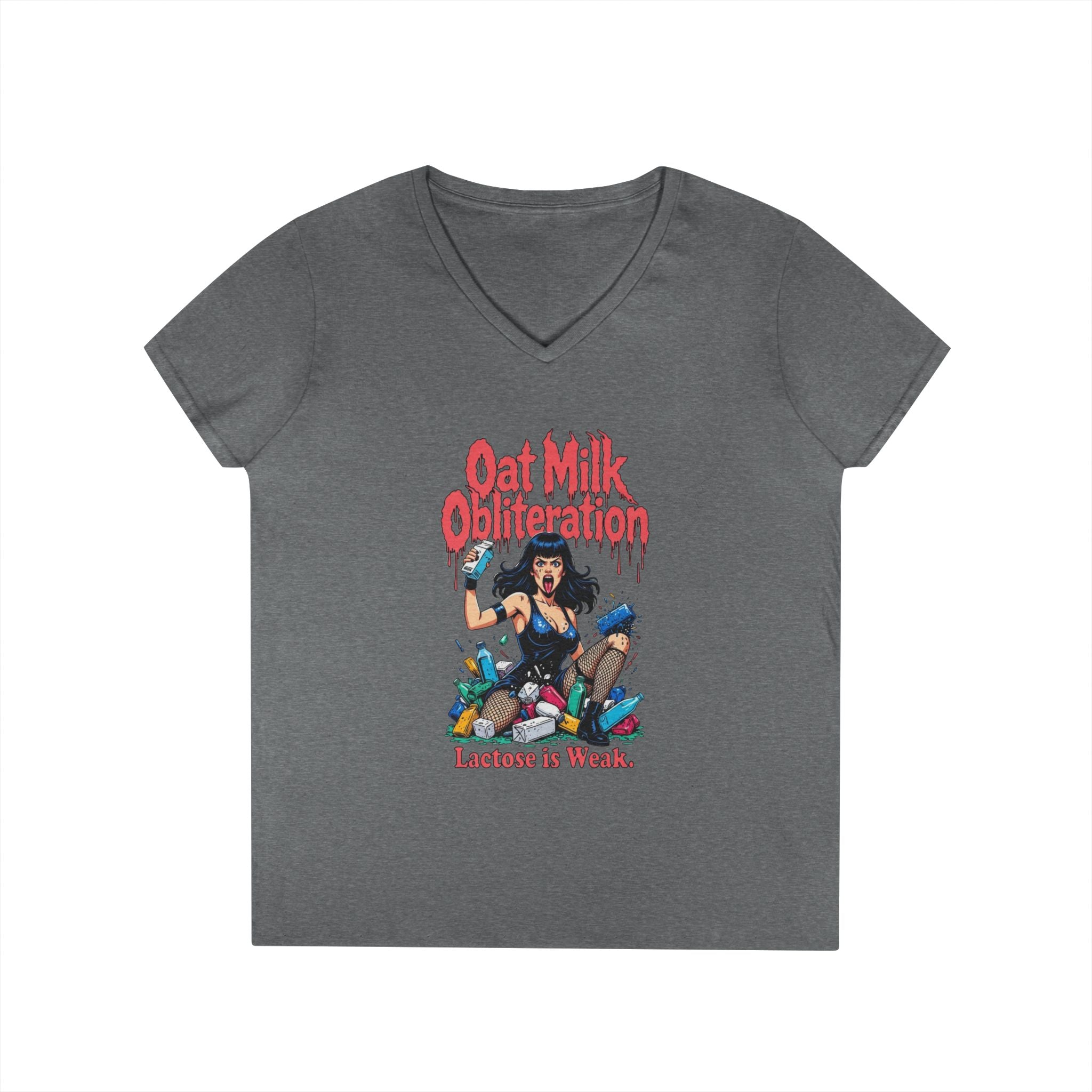 Ladies' V-Neck T-Shirt — "Oat Milk Obsession: Lactose Is Weak" Graphic Tee