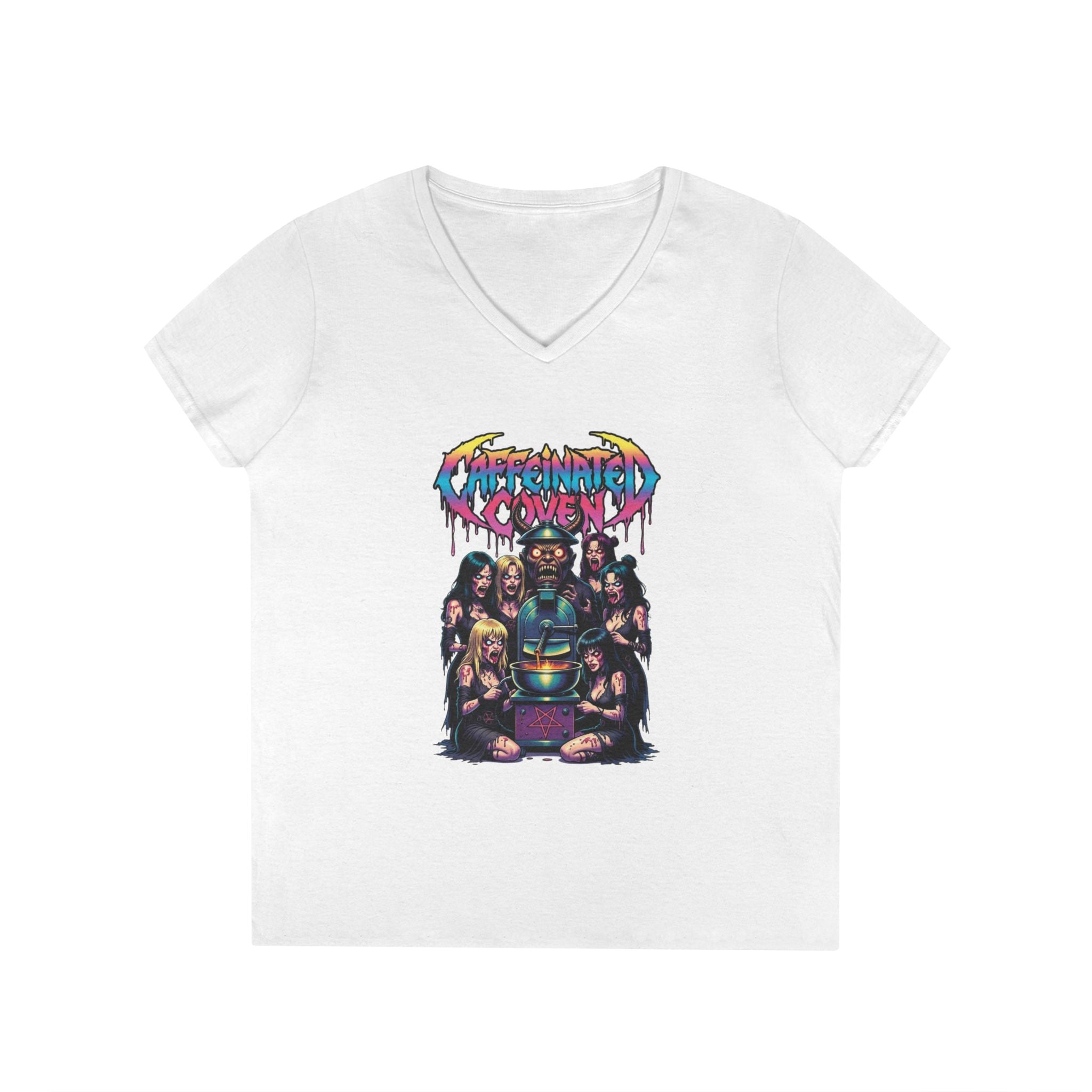 Caffeinated Ladies' V-Neck T-Shirt — Retro Horror Crew Graphic Tee (Creepy Doll & Dripping Logo)
