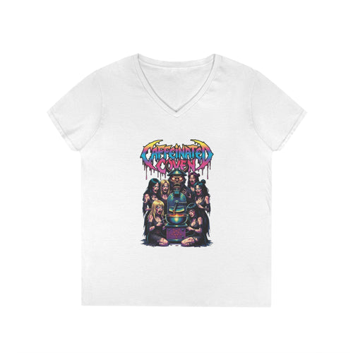 Caffeinated Ladies' V-Neck T-Shirt — Retro Horror Crew Graphic Tee (Creepy Doll & Dripping Logo)