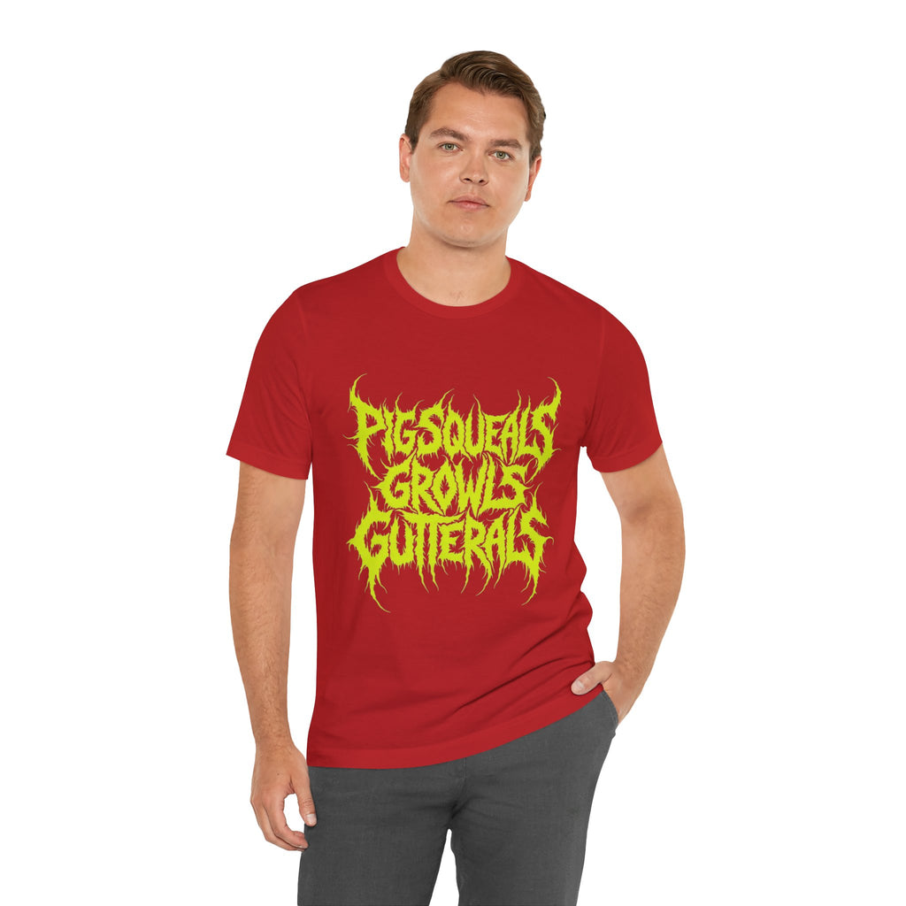 Metal Band Tee — "Pigsqueals Growls Gutterals" Neon Deathcore T-Shirt