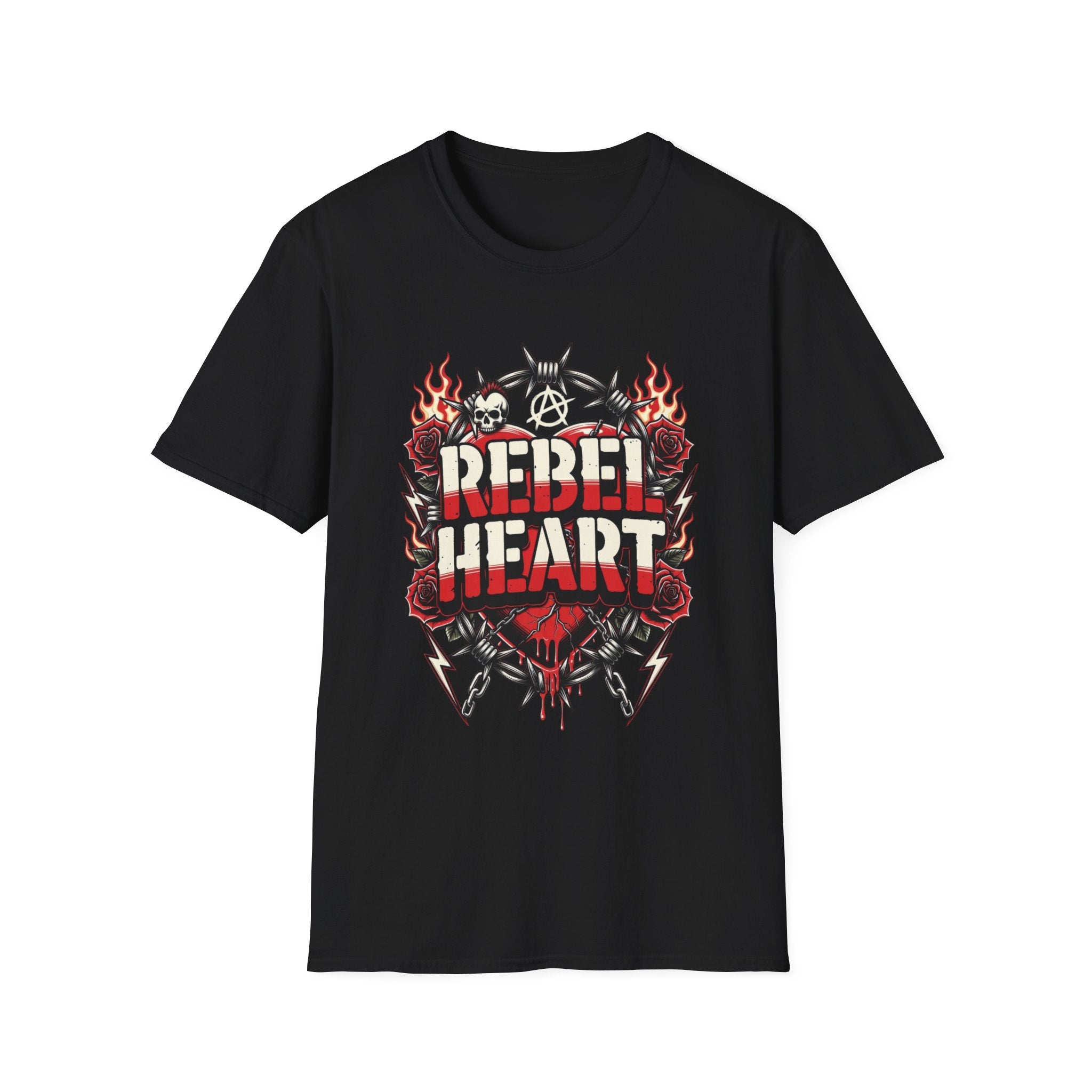 Rebel Heart Graphic T-Shirt — Edgy Flaming Heart & Barbed Wire Design