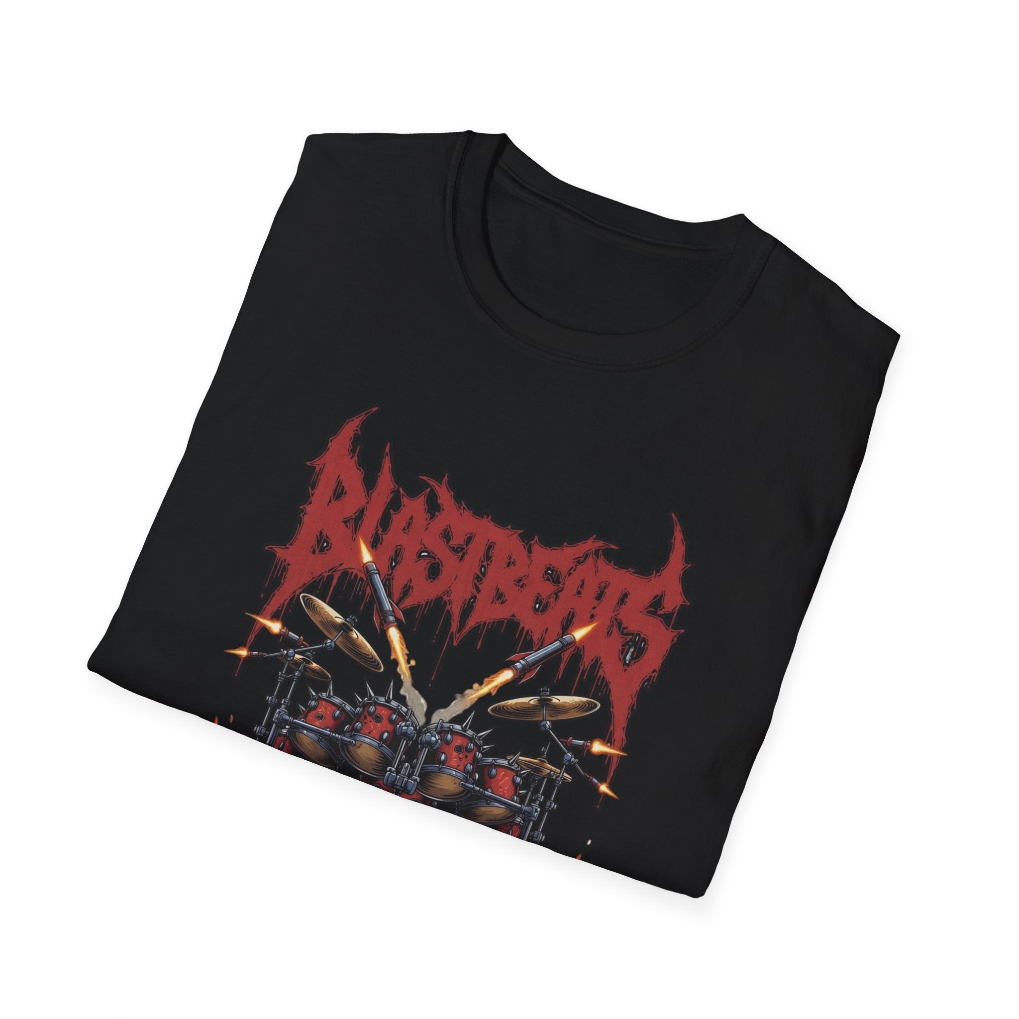 Blast Beats Metal T-Shirt — Drumset & "If the Kicks Don't Sound Like Gatling Guns" Design