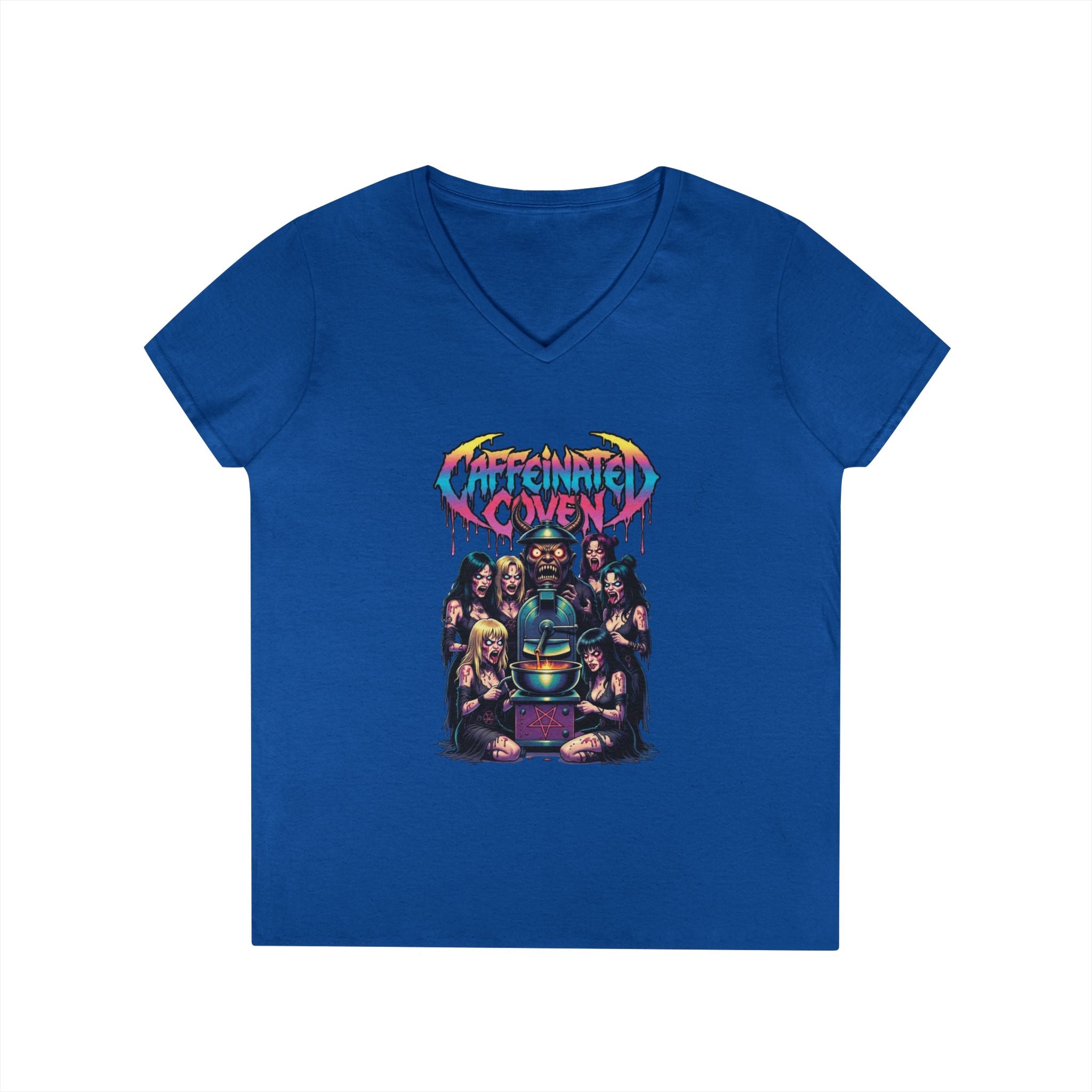 Caffeinated Ladies' V-Neck T-Shirt — Retro Horror Crew Graphic Tee (Creepy Doll & Dripping Logo)