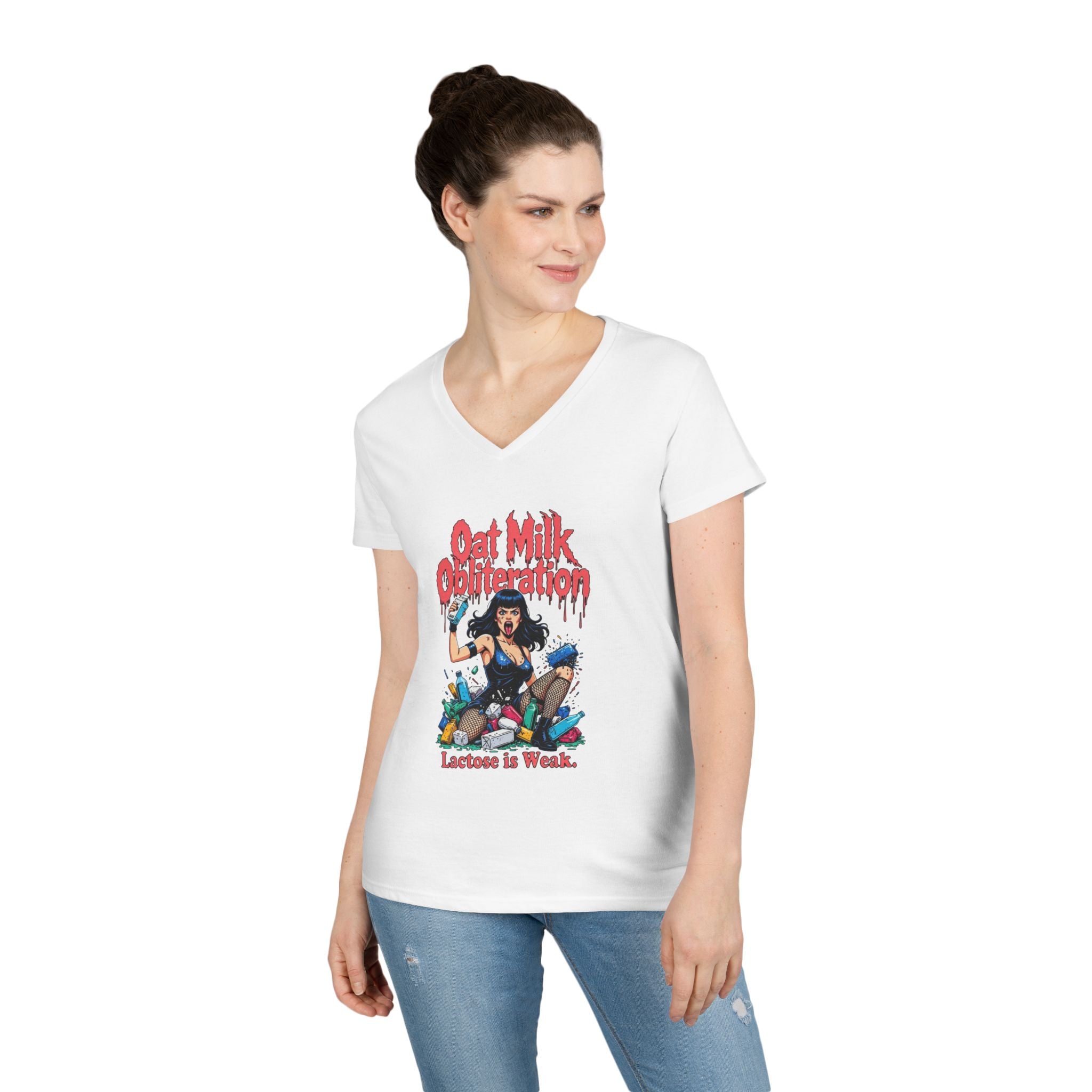 Ladies' V-Neck T-Shirt — "Oat Milk Obsession: Lactose Is Weak" Graphic Tee