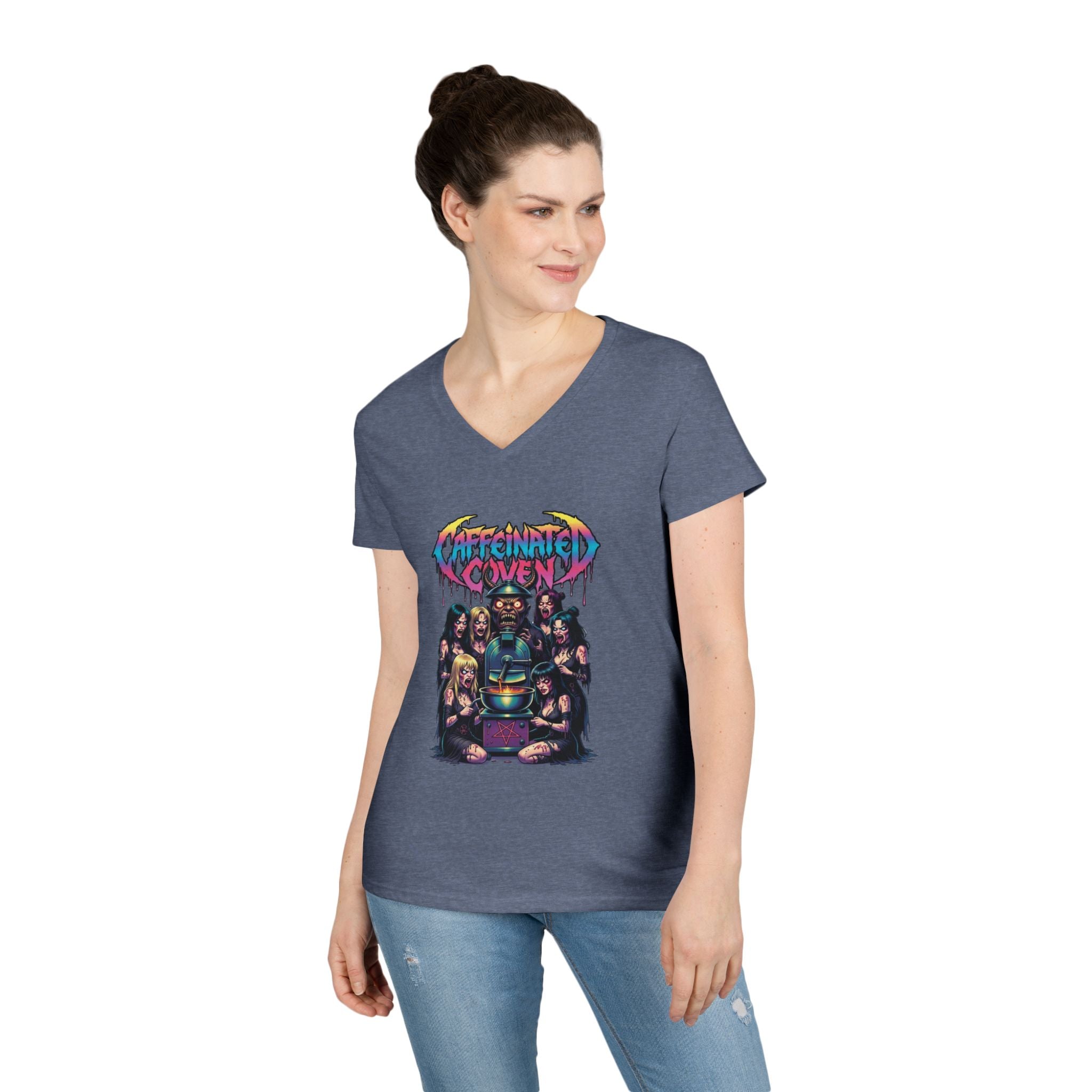 Caffeinated Ladies' V-Neck T-Shirt — Retro Horror Crew Graphic Tee (Creepy Doll & Dripping Logo)