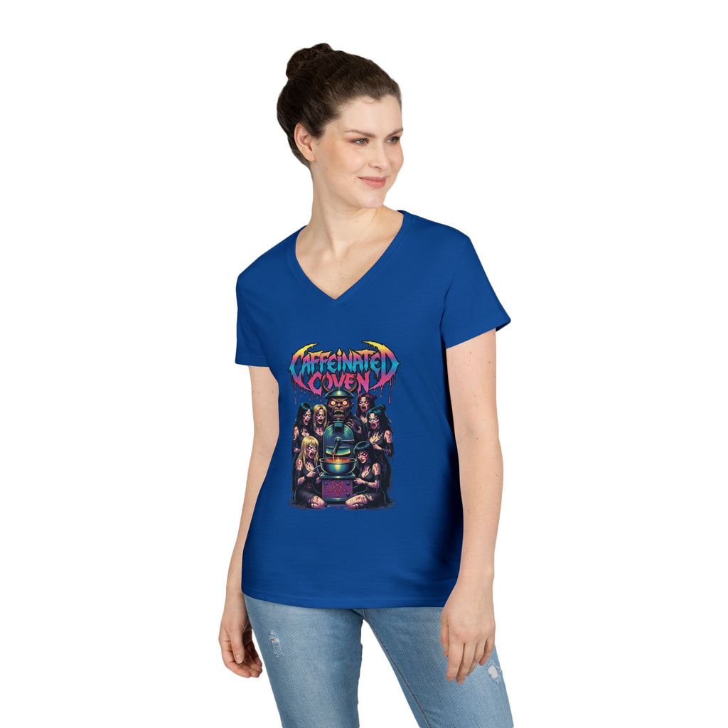 Caffeinated Ladies' V-Neck T-Shirt — Retro Horror Crew Graphic Tee (Creepy Doll & Dripping Logo)