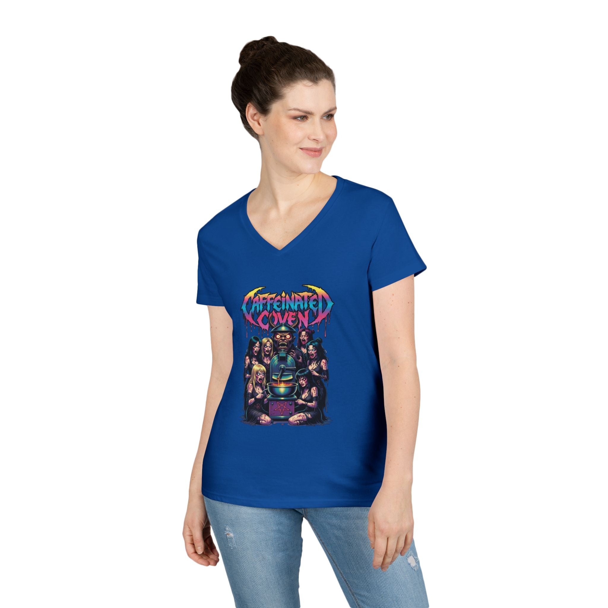 Caffeinated Ladies' V-Neck T-Shirt — Retro Horror Crew Graphic Tee (Creepy Doll & Dripping Logo)