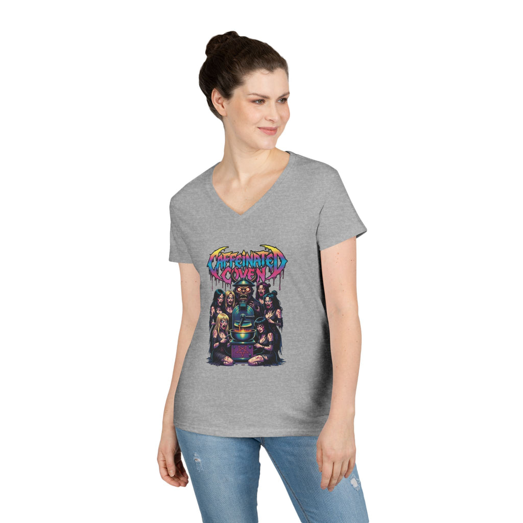Caffeinated Ladies' V-Neck T-Shirt — Retro Horror Crew Graphic Tee (Creepy Doll & Dripping Logo)