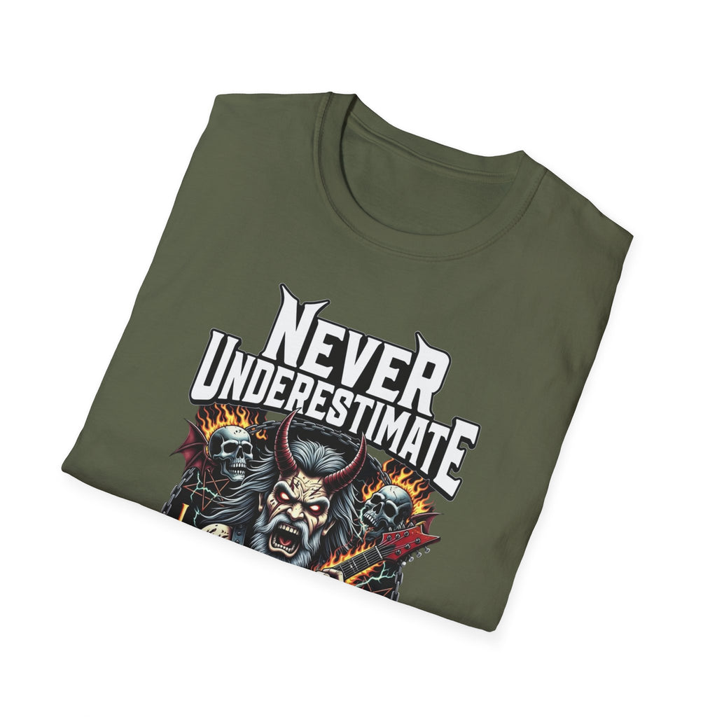Never Underestimate an Old Man Who Plays Guitar T-Shirt — Vintage Rock Guitarist Tee