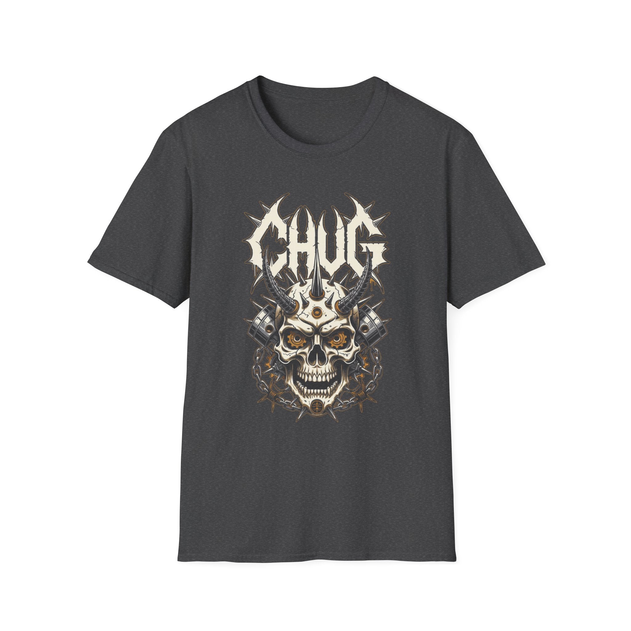 Chug Guitar Riffs Skull Tee — "Chug" Chains & Pistons Metal T-Shirt