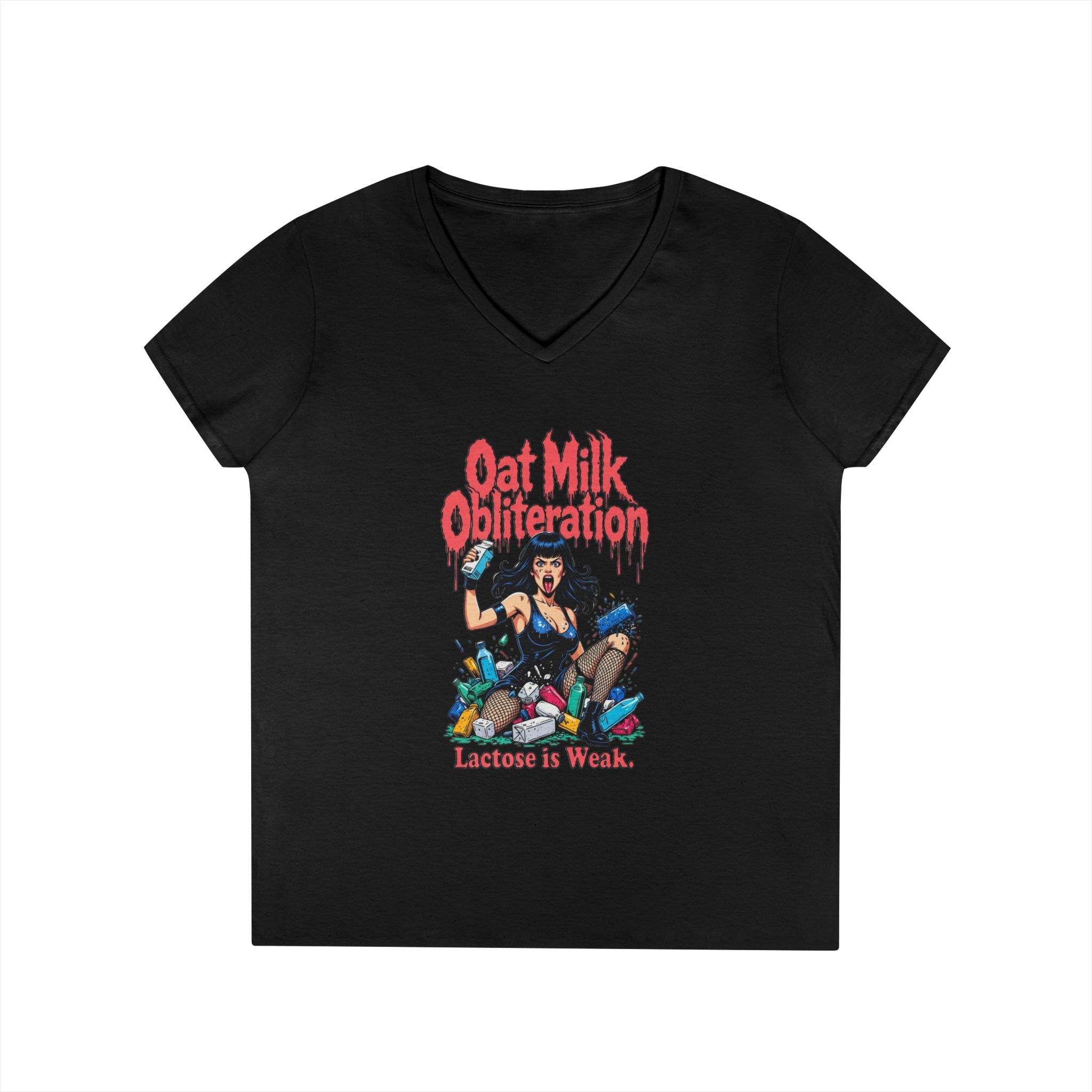 Ladies' V-Neck T-Shirt — "Oat Milk Obsession: Lactose Is Weak" Graphic Tee
