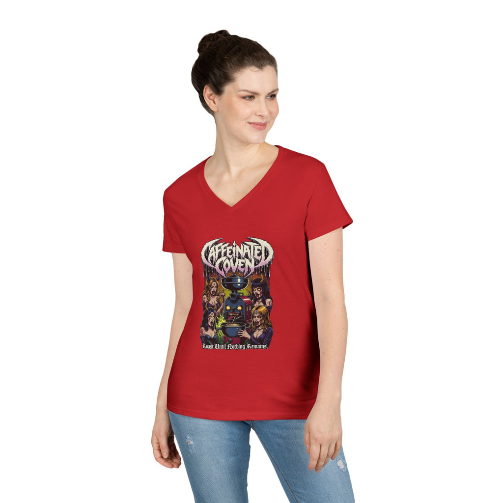 Caffeinated Coven V-Neck Tee — Retro Witchy Graphic T-Shirt