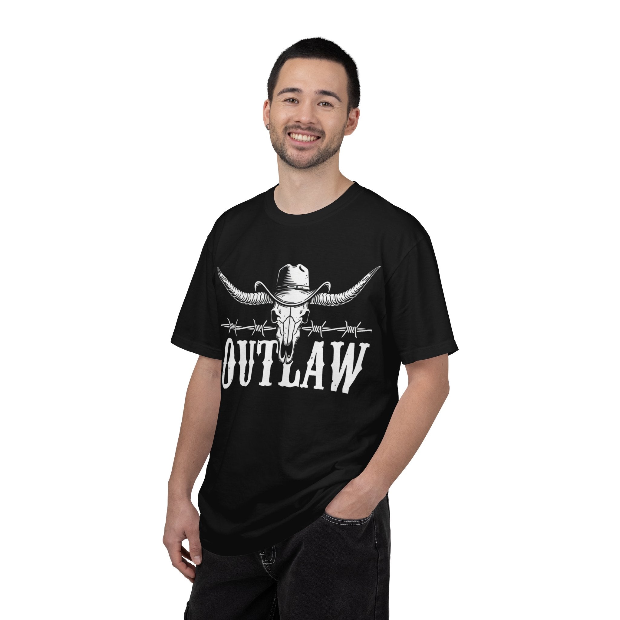 Outlaw Western T-Shirt — Longhorn Skull & Barbed Wire Cowboy Tee