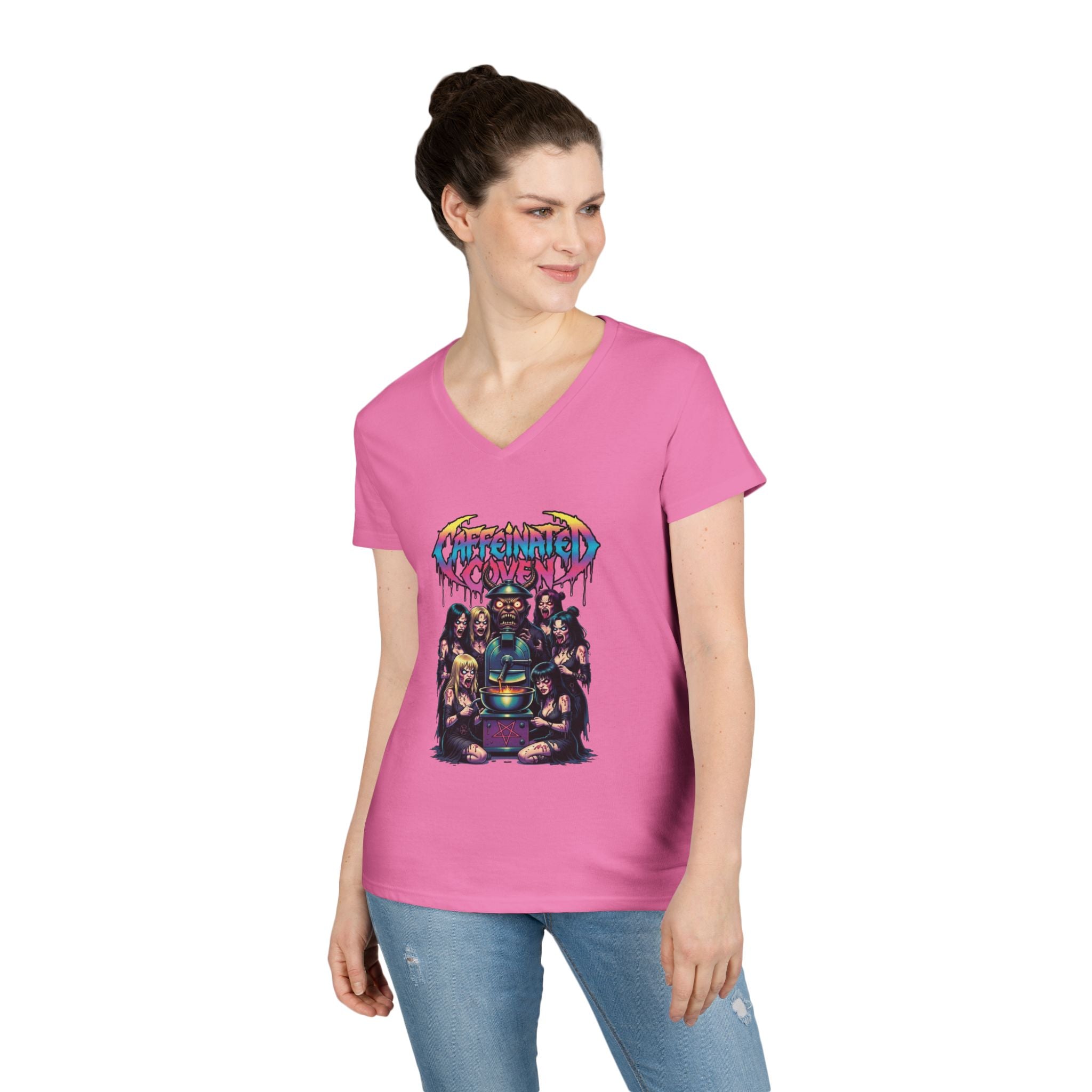 Caffeinated Ladies' V-Neck T-Shirt — Retro Horror Crew Graphic Tee (Creepy Doll & Dripping Logo)