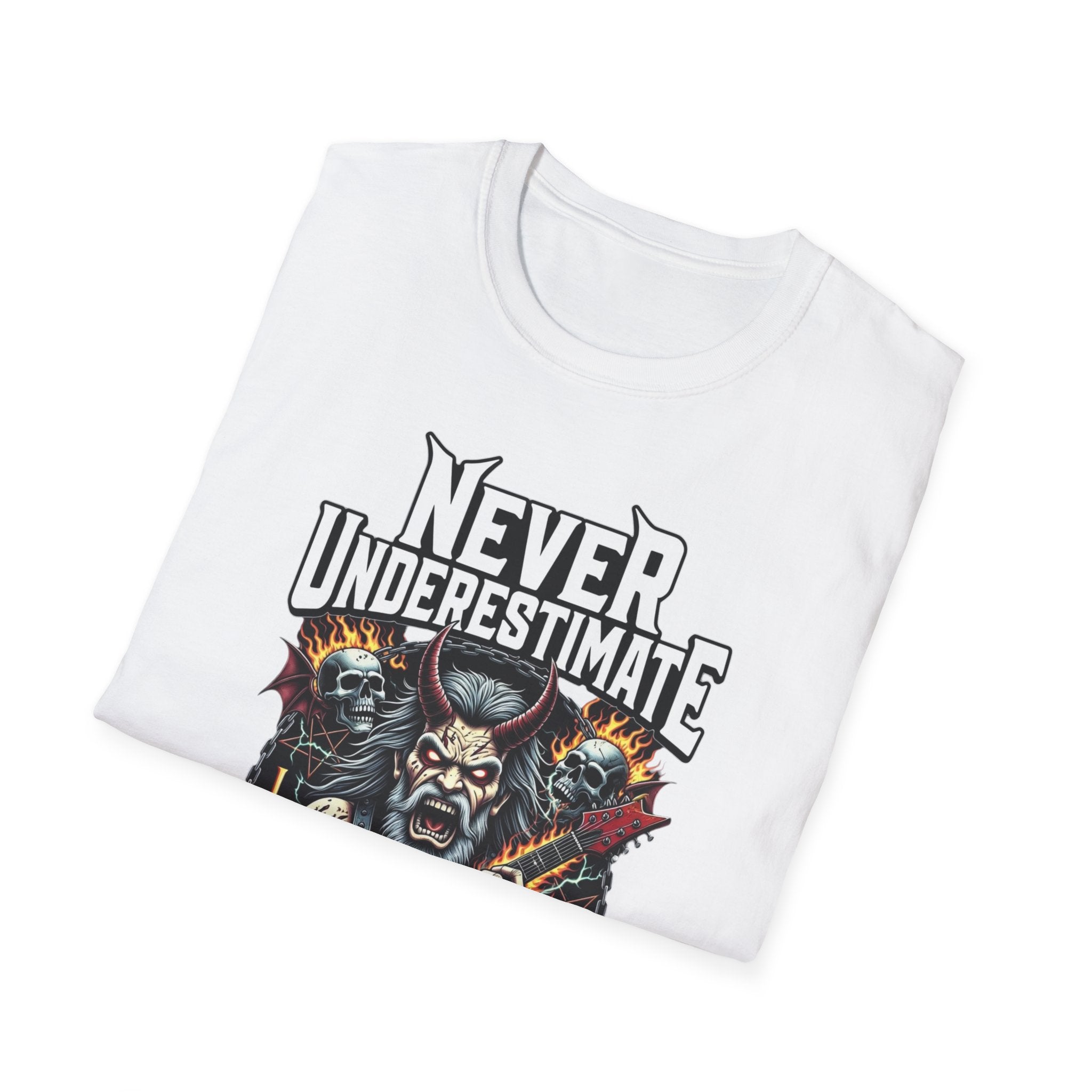 Never Underestimate an Old Man Who Plays Guitar T-Shirt — Vintage Rock Guitarist Tee