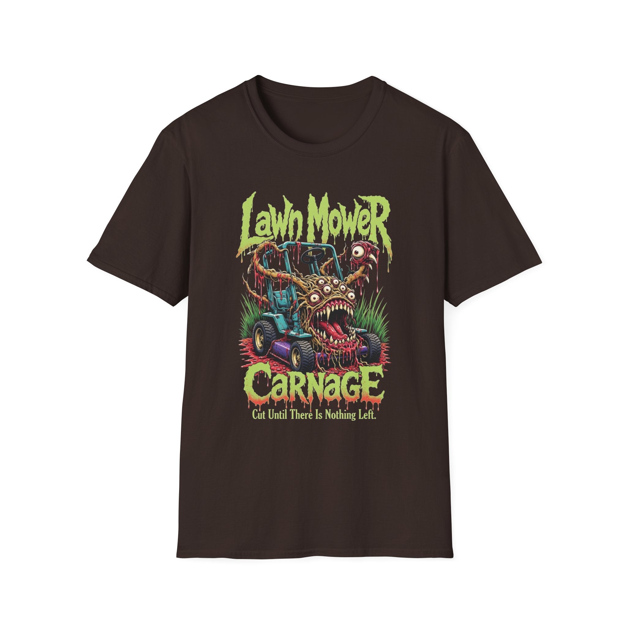 Lawn Mower Carnage Tee — Retro Horror Garden Monster T-Shirt