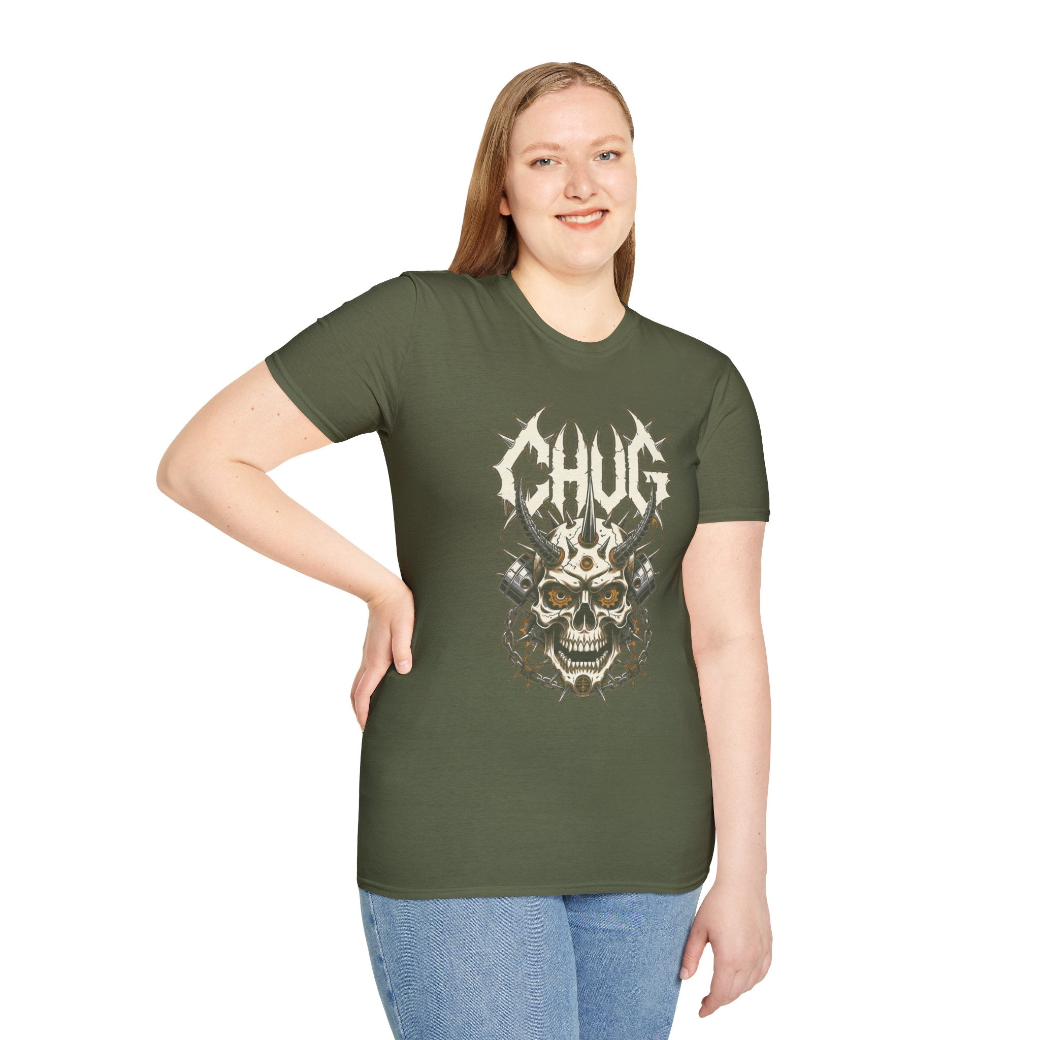 Chug Guitar Riffs Skull Tee — "Chug" Chains & Pistons Metal T-Shirt