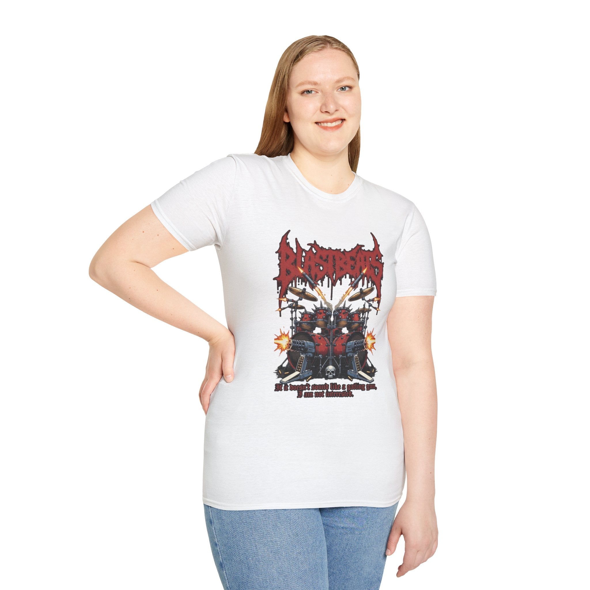 Blast Beats Metal T-Shirt — Drumset & "If the Kicks Don't Sound Like Gatling Guns" Design