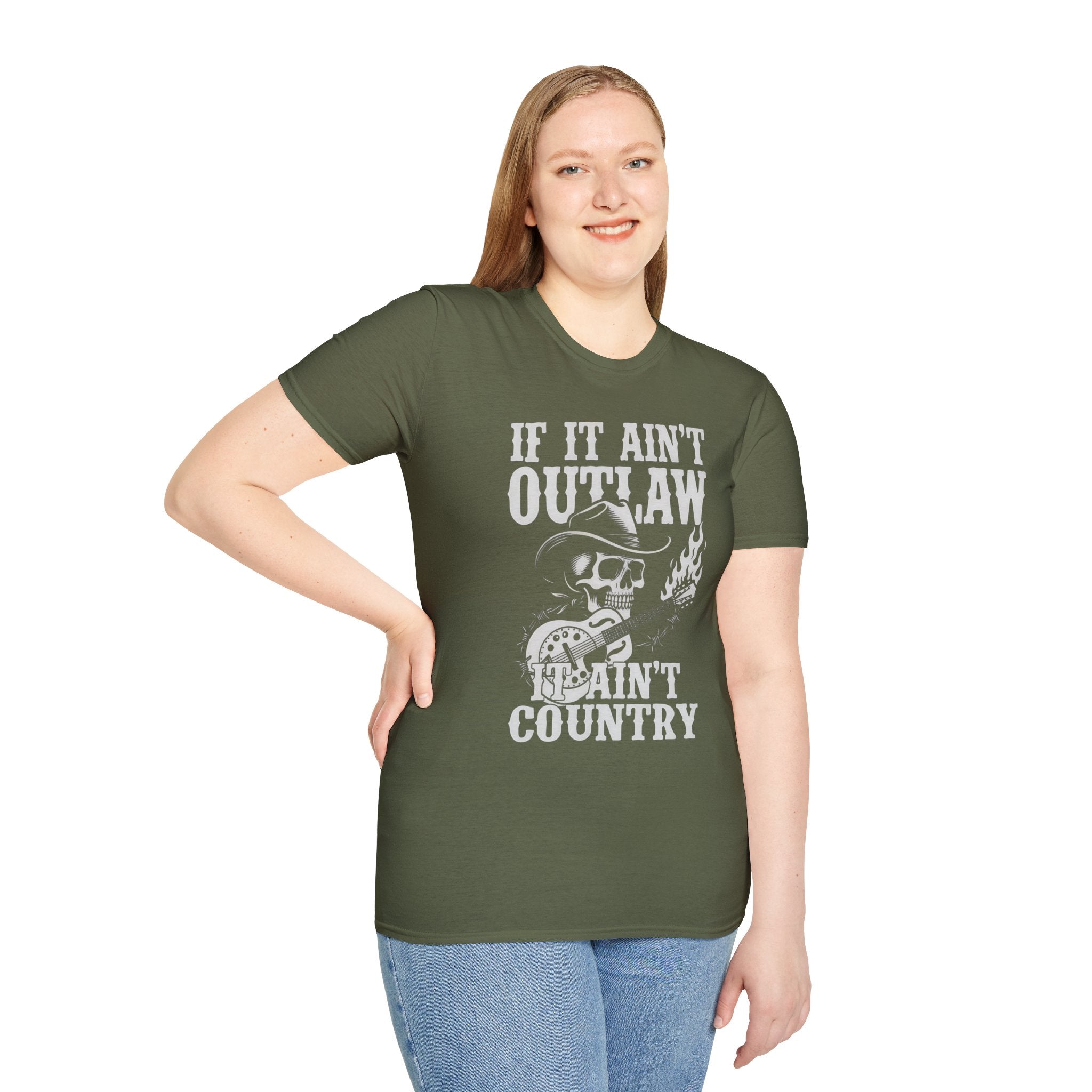 If It Ain't Outlaw, It Ain't Country T-Shirt — Skull Cowboy Guitar Graphic