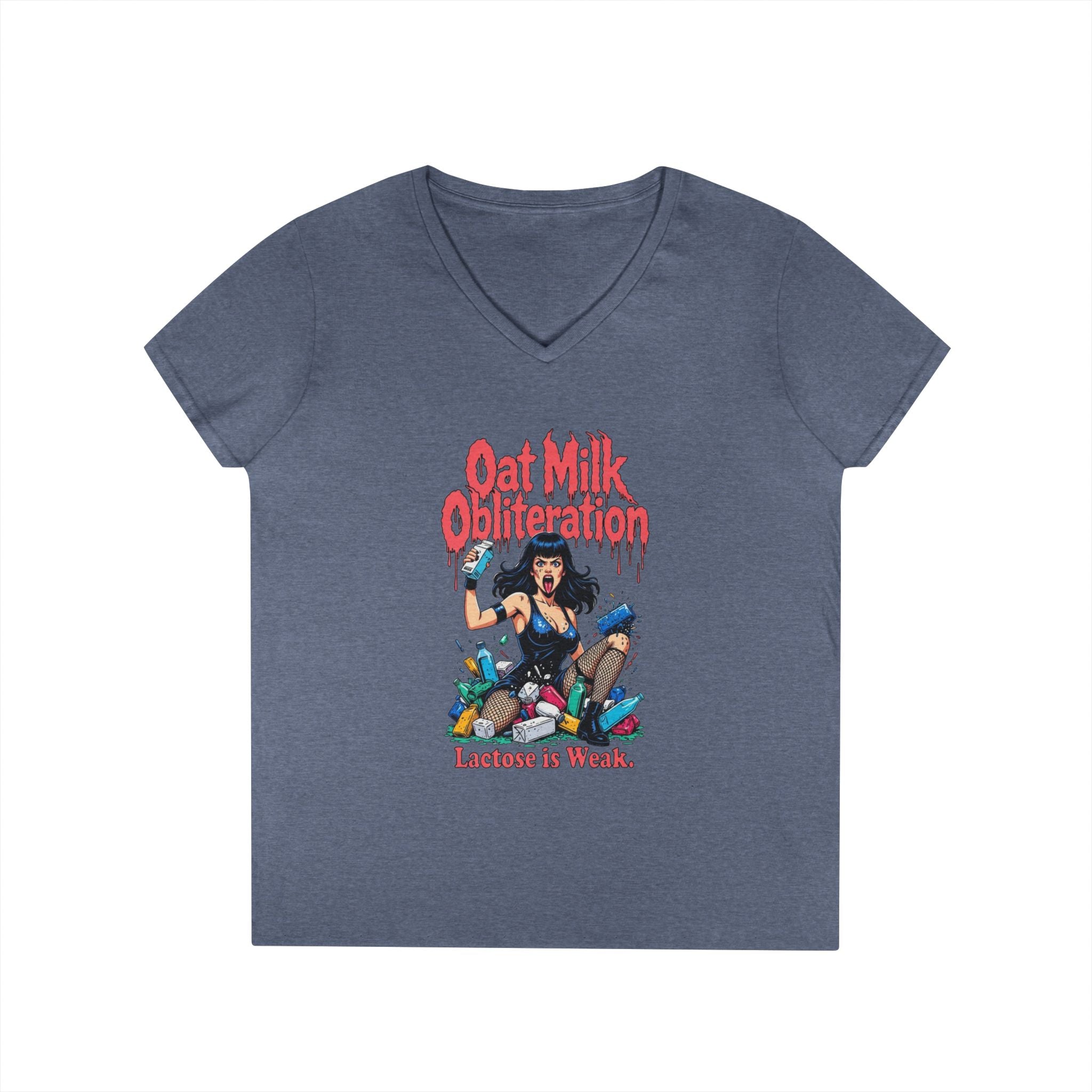 Ladies' V-Neck T-Shirt — "Oat Milk Obsession: Lactose Is Weak" Graphic Tee