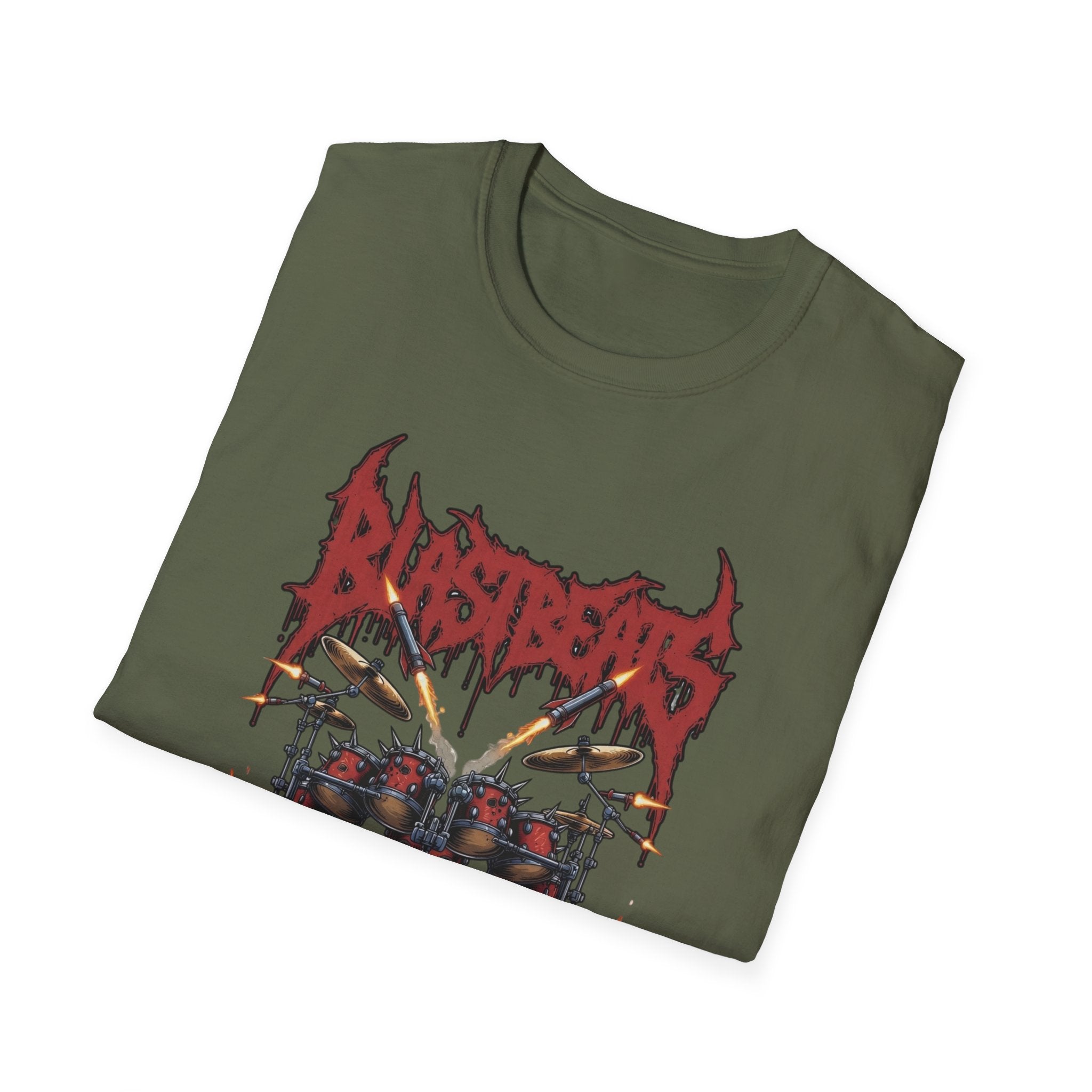 Blast Beats Metal T-Shirt — Drumset & "If the Kicks Don't Sound Like Gatling Guns" Design