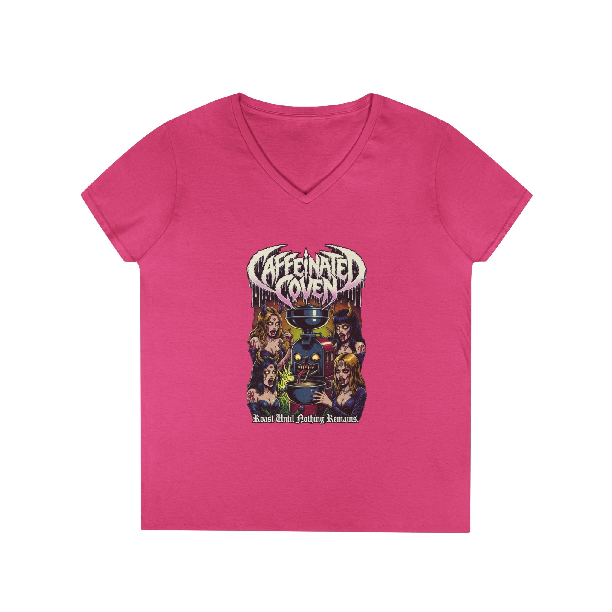 Caffeinated Coven V-Neck Tee — Retro Witchy Graphic T-Shirt
