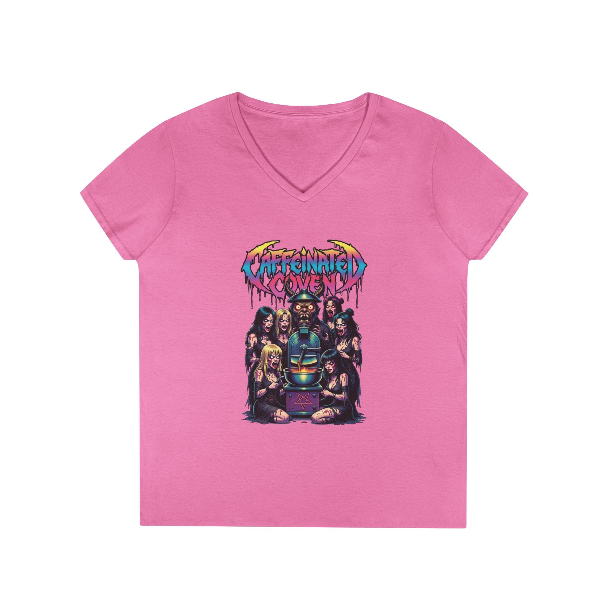 Caffeinated Ladies' V-Neck T-Shirt — Retro Horror Crew Graphic Tee (Creepy Doll & Dripping Logo)