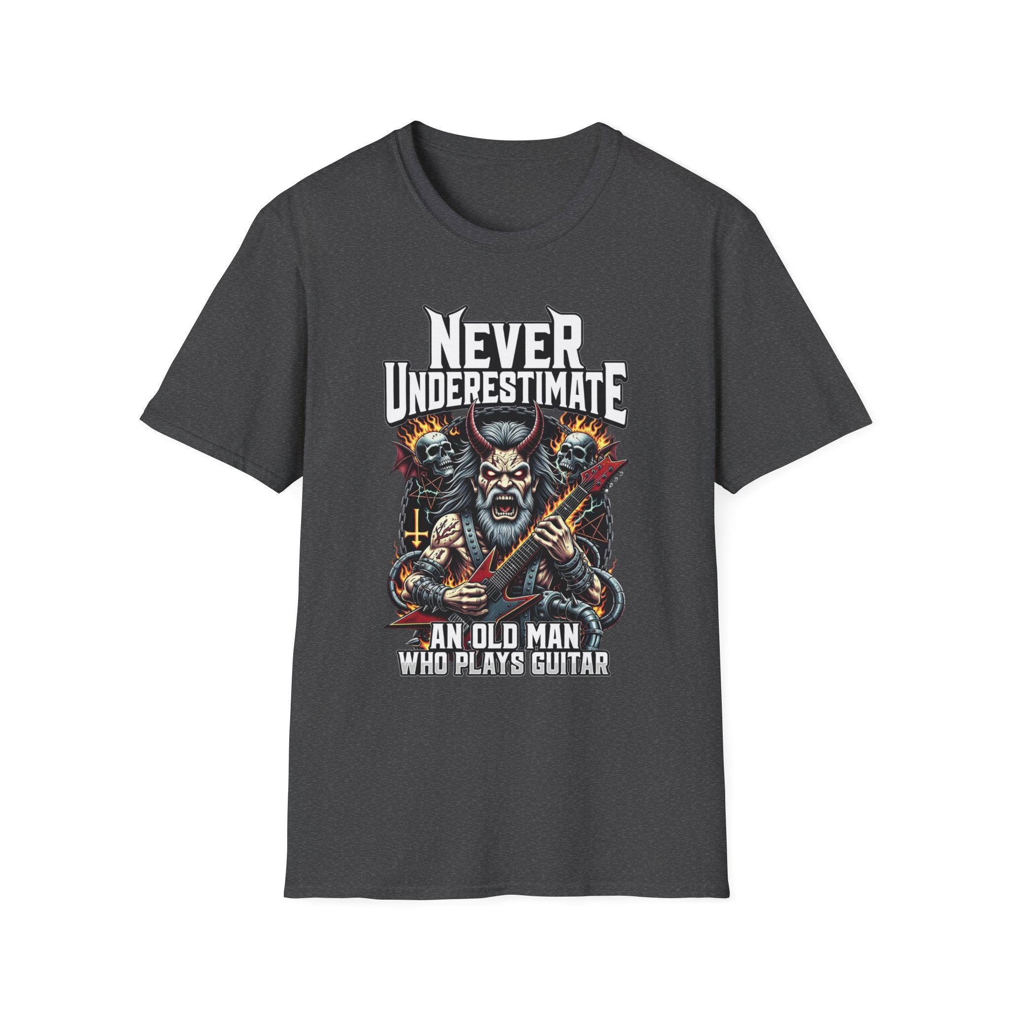 Never Underestimate an Old Man Who Plays Guitar T-Shirt — Vintage Rock Guitarist Tee