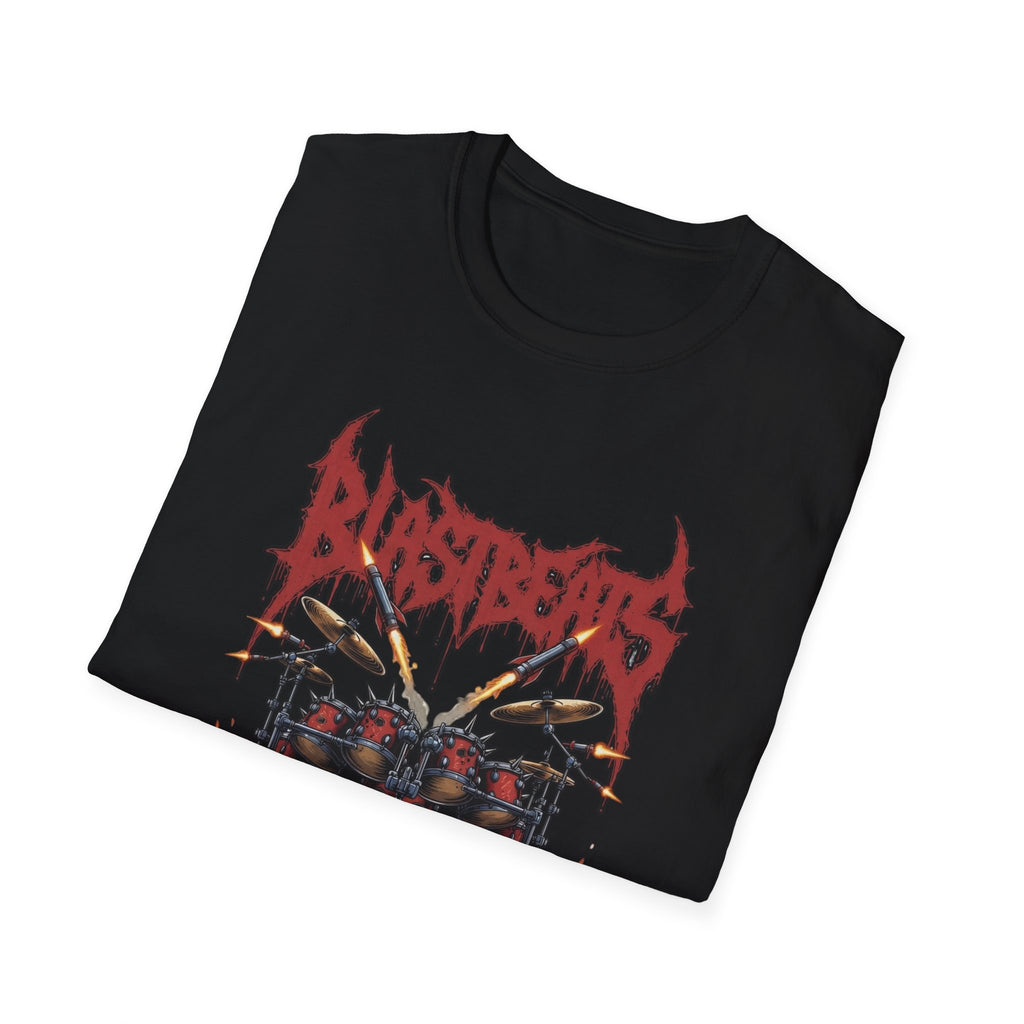 Blast Beats Metal T-Shirt — Drumset & "If the Kicks Don't Sound Like Gatling Guns" Design