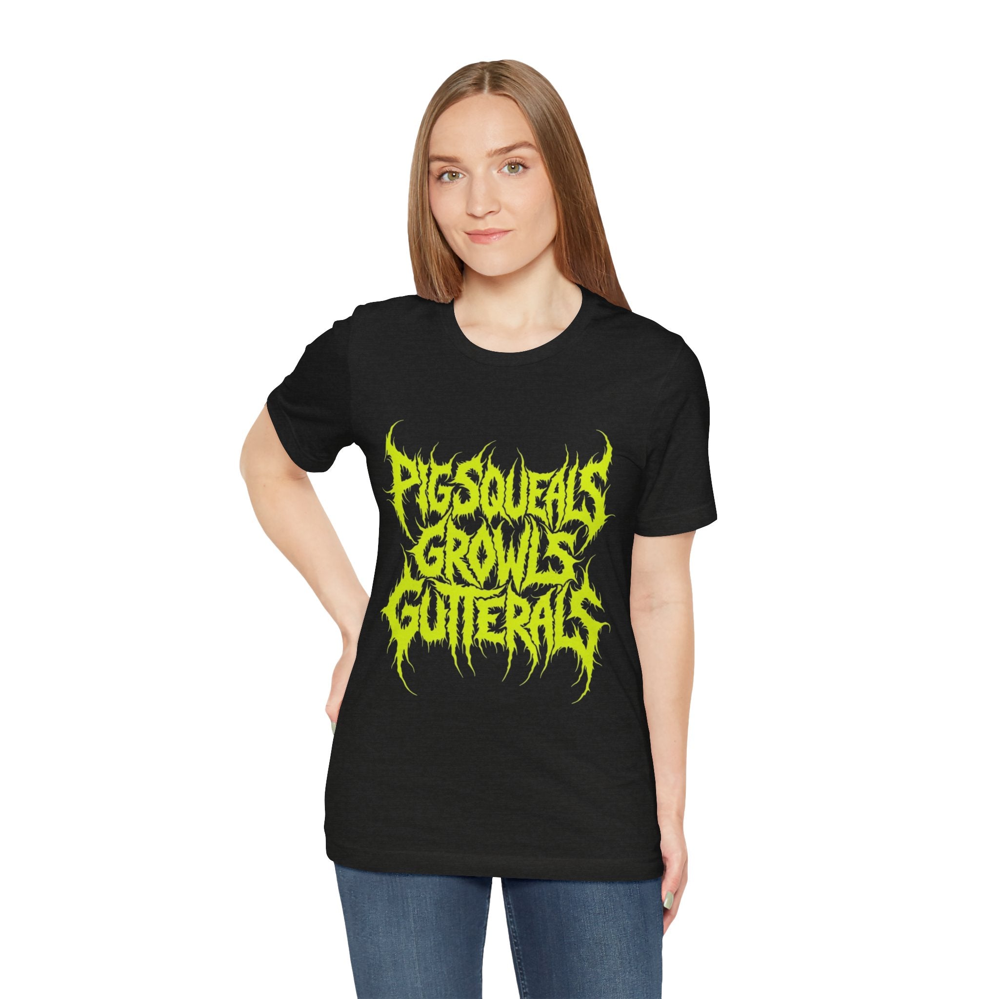 Metal Band Tee — "Pigsqueals Growls Gutterals" Neon Deathcore T-Shirt
