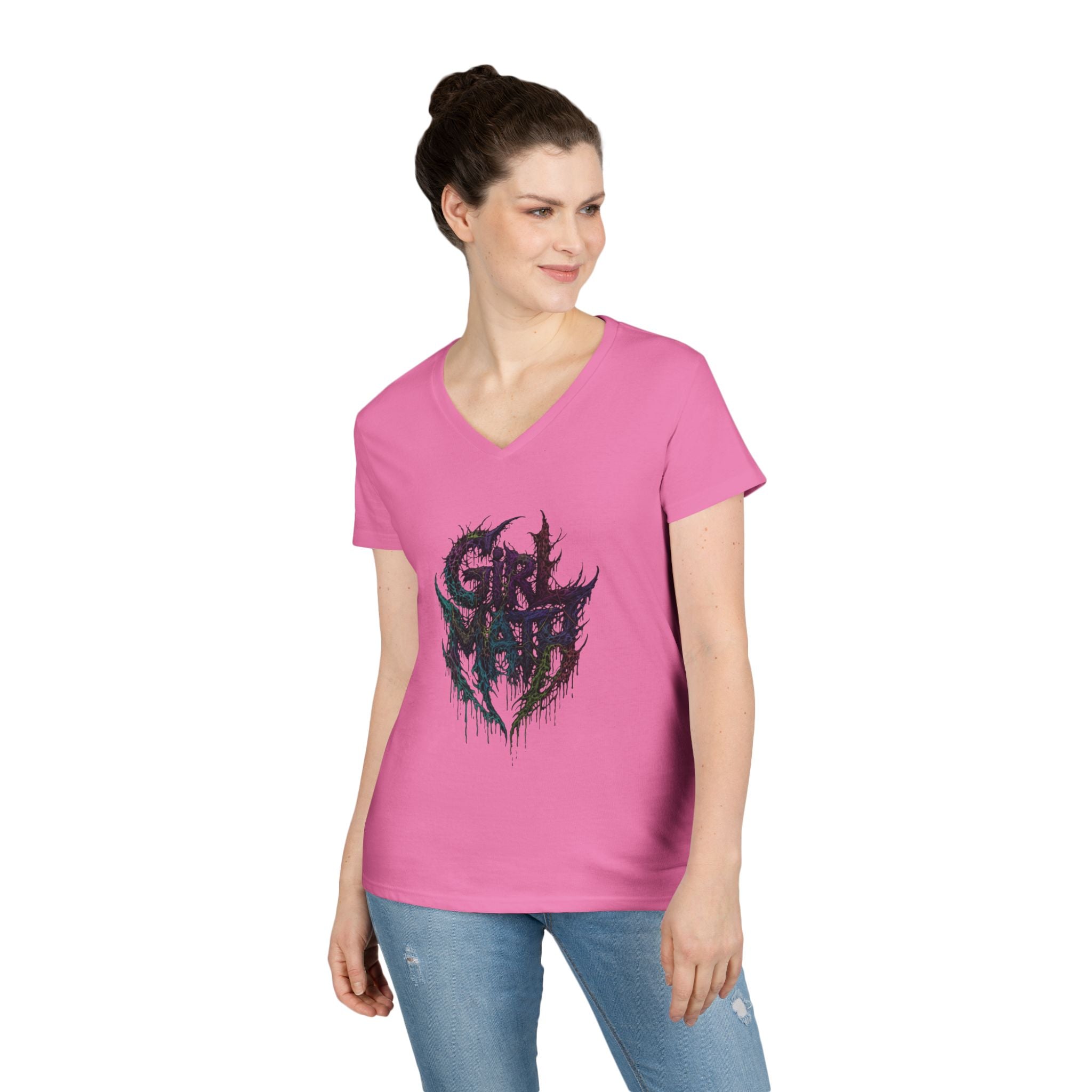 Ladies' V-Neck T-Shirt — Colorful Drip Skull "Girl Math" Graphic
