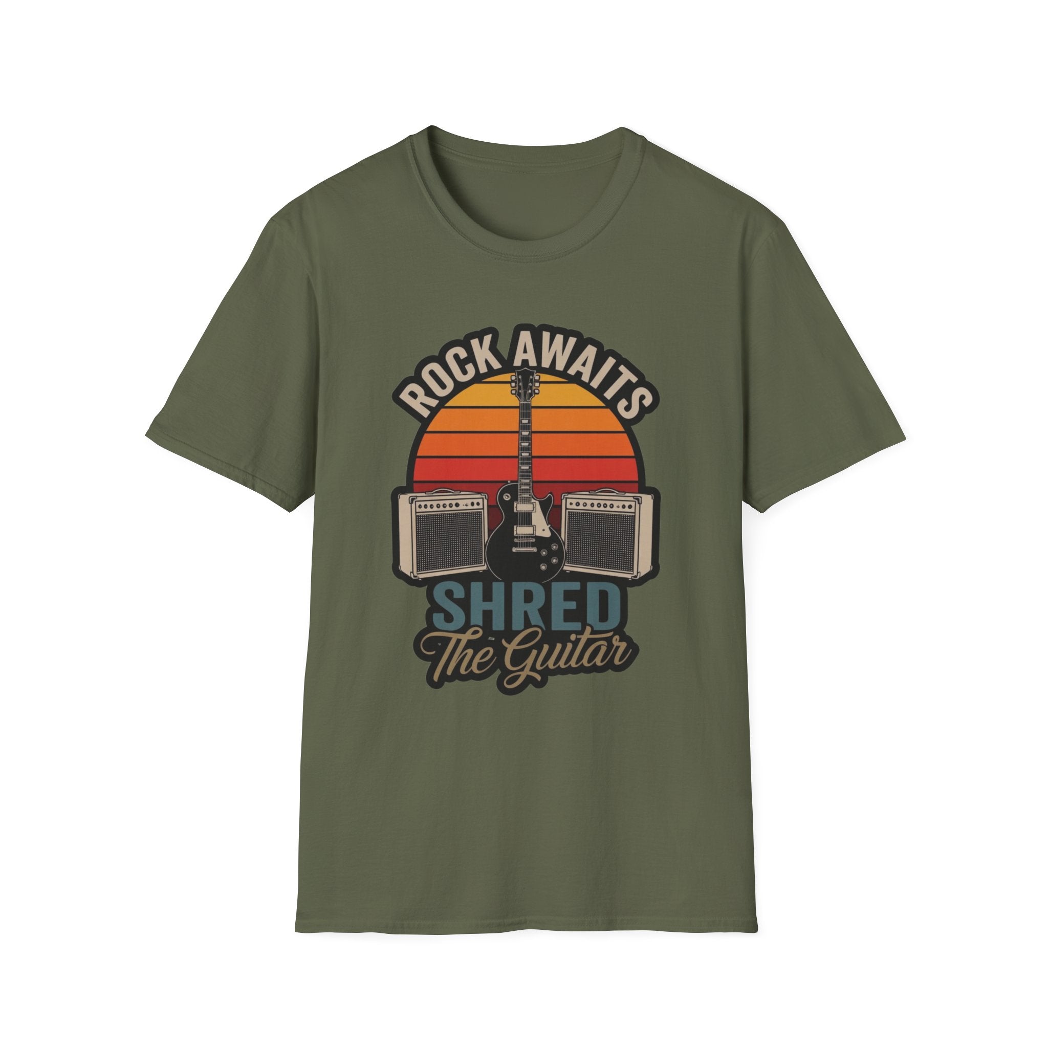 Rock Awaits "Shred the Guitar" T-Shirt - Retro Guitar & Amp Graphic