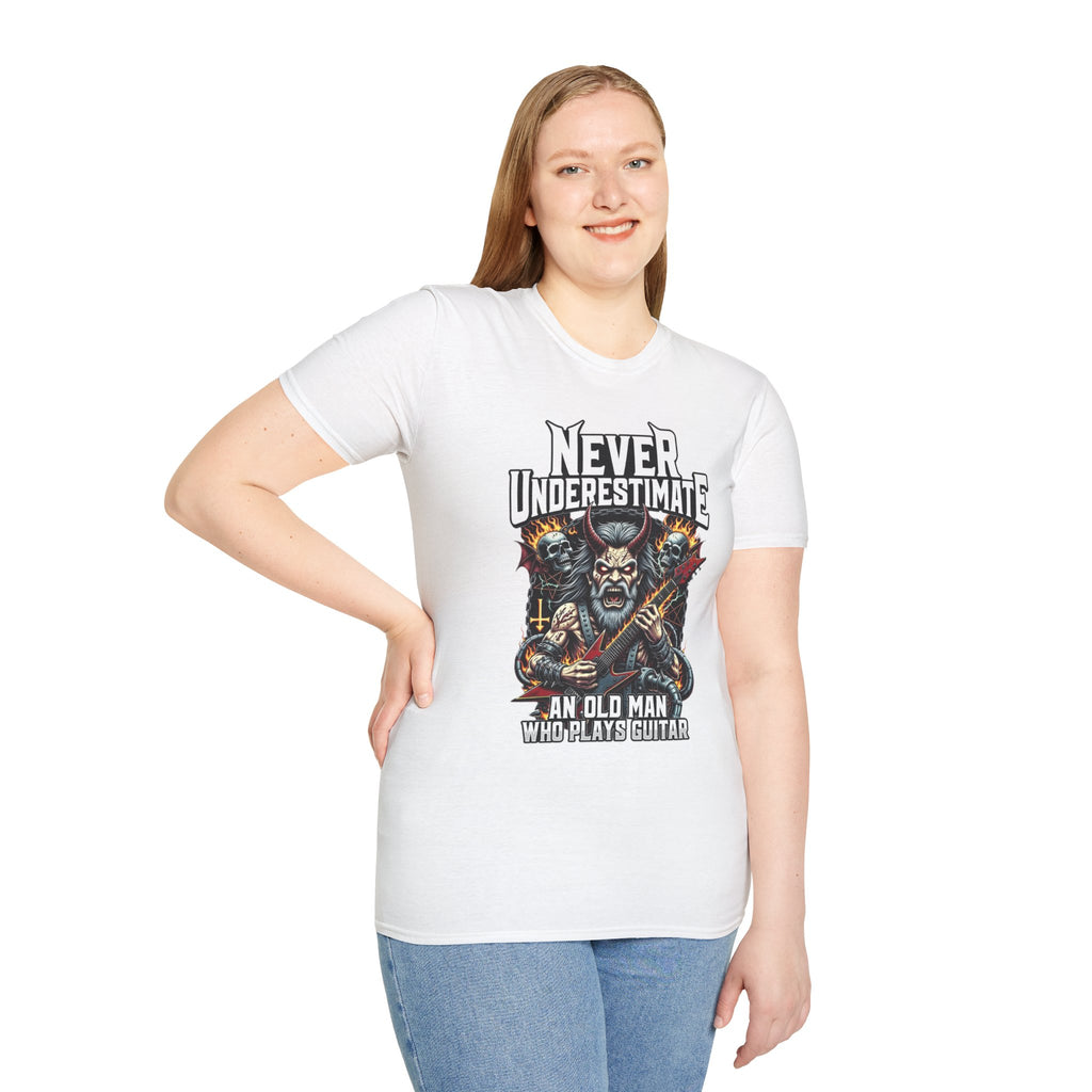 Never Underestimate an Old Man Who Plays Guitar T-Shirt — Vintage Rock Guitarist Tee