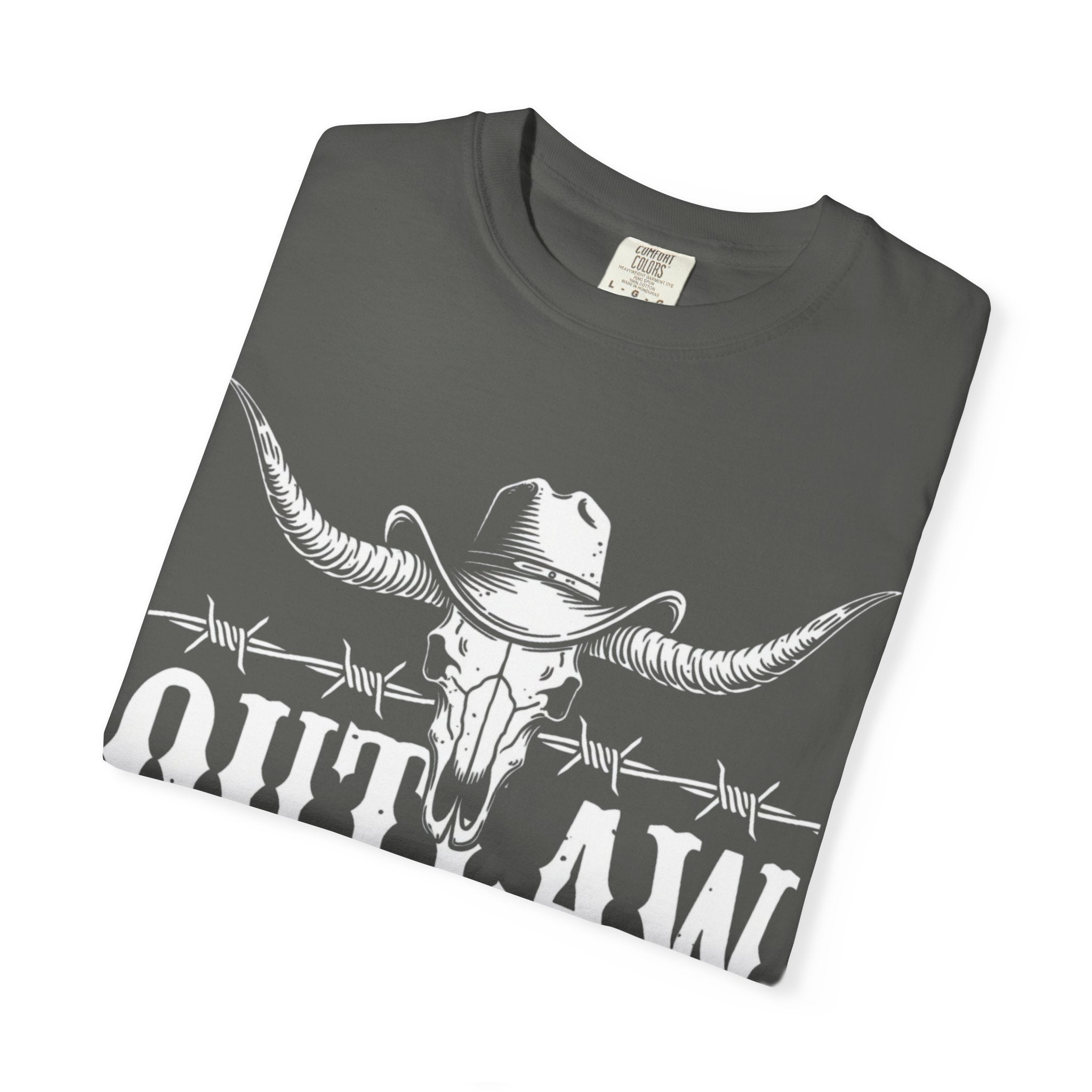 Outlaw Western T-Shirt — Longhorn Skull & Barbed Wire Cowboy Tee