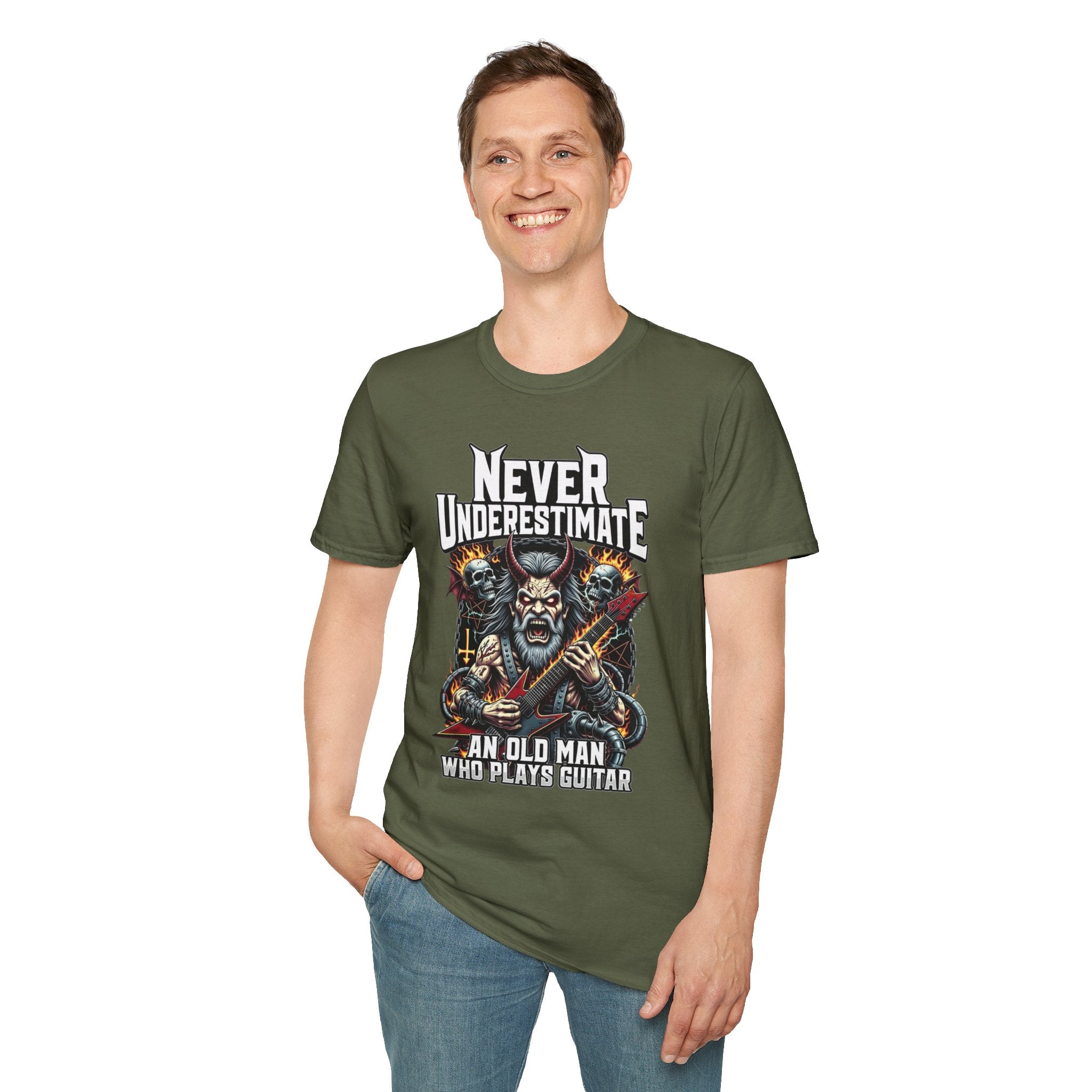 Never Underestimate an Old Man Who Plays Guitar T-Shirt — Vintage Rock Guitarist Tee