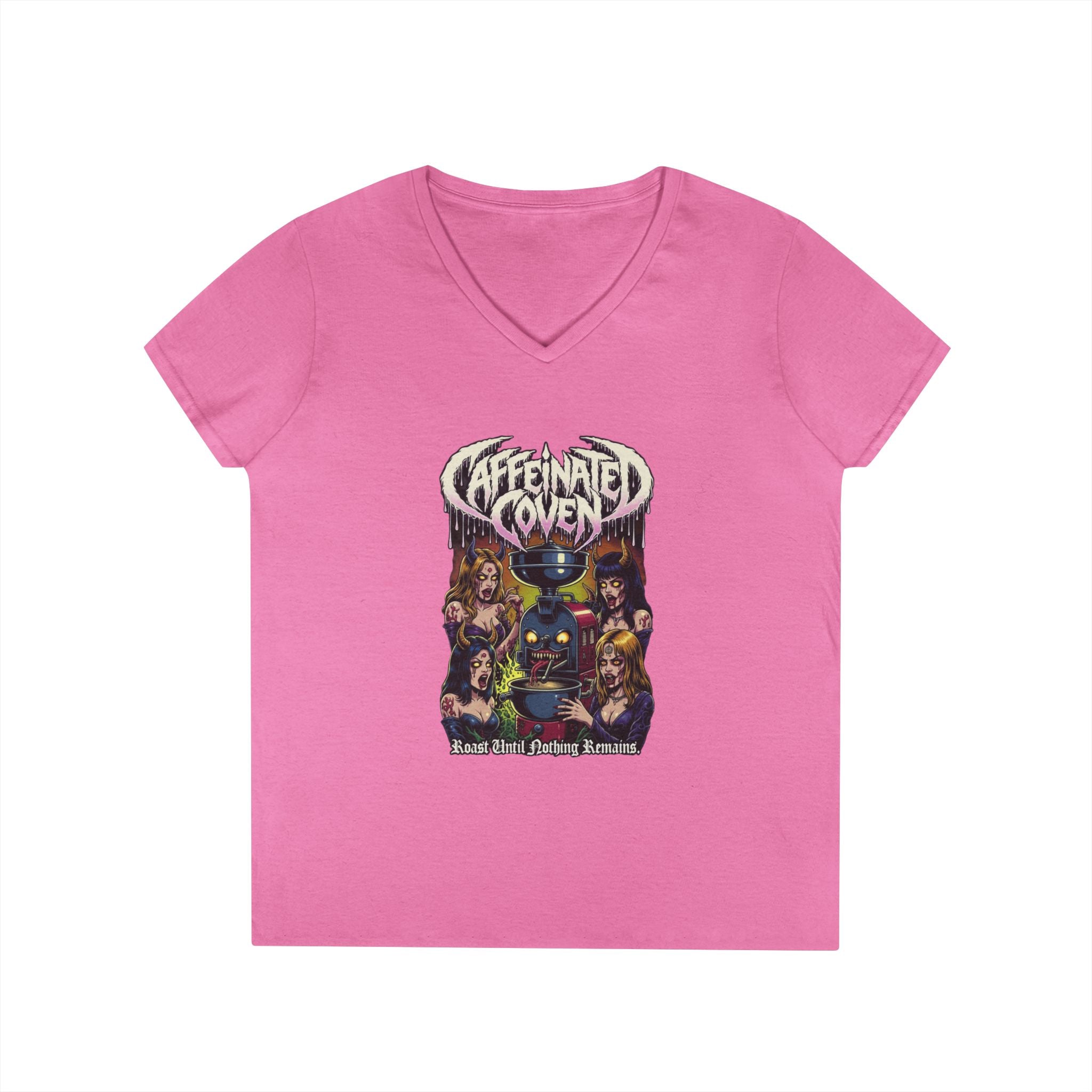 Caffeinated Coven V-Neck Tee — Retro Witchy Graphic T-Shirt