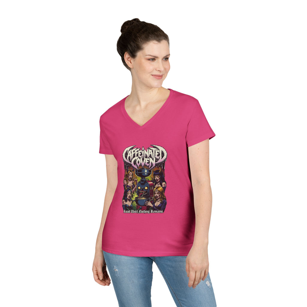 Caffeinated Coven V-Neck Tee — Retro Witchy Graphic T-Shirt