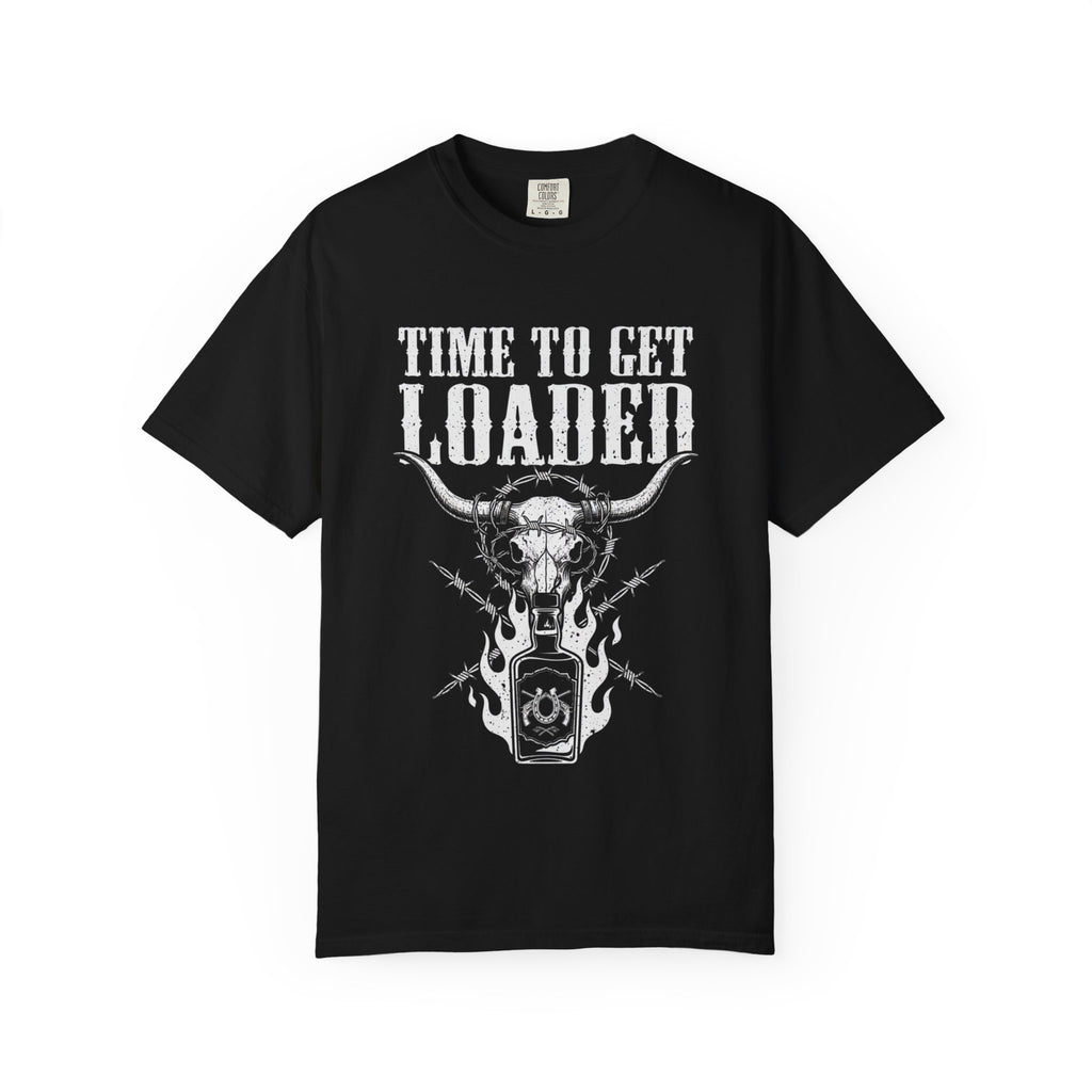 Time To Get Loaded Bull Skull T-Shirt — Western Gun & Flame Graphic Tee