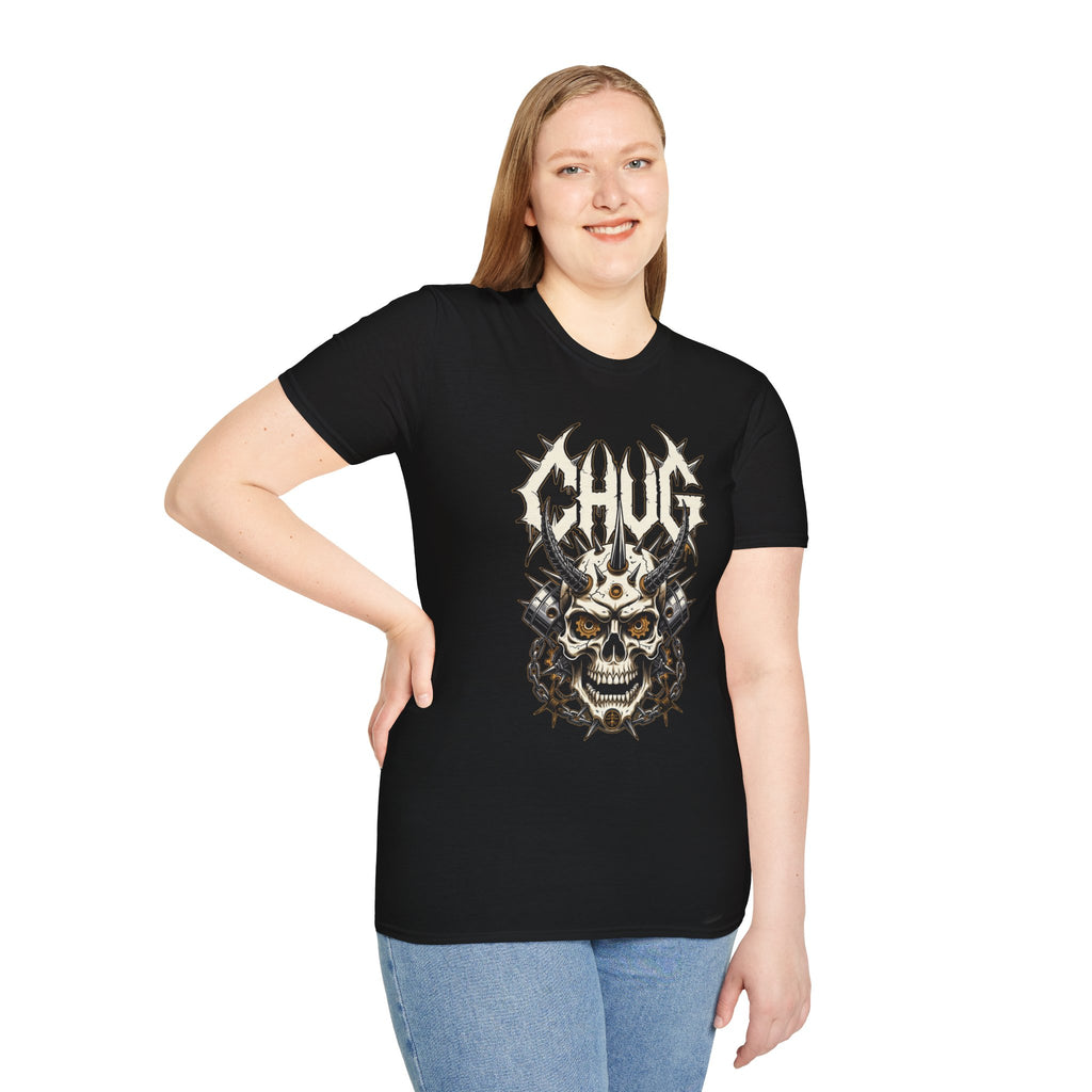 Chug Guitar Riffs Skull Tee — "Chug" Chains & Pistons Metal T-Shirt