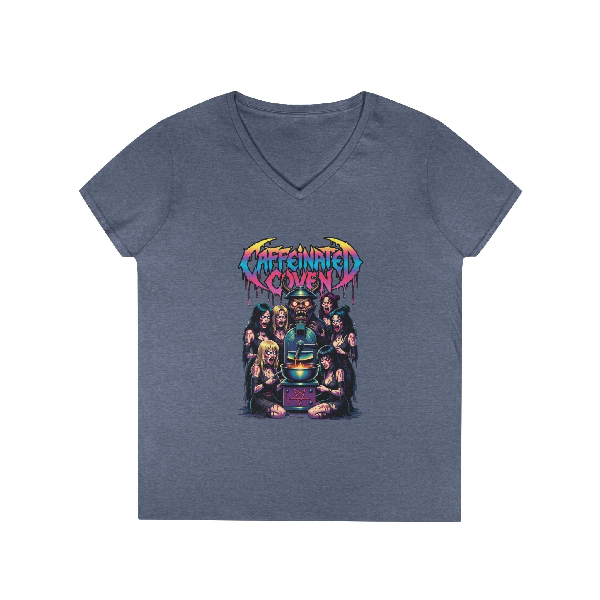 Caffeinated Ladies' V-Neck T-Shirt — Retro Horror Crew Graphic Tee (Creepy Doll & Dripping Logo)