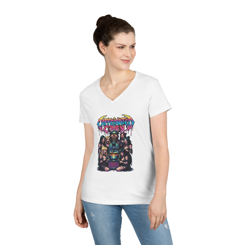 Caffeinated Ladies' V-Neck T-Shirt — Retro Horror Crew Graphic Tee (Creepy Doll & Dripping Logo)