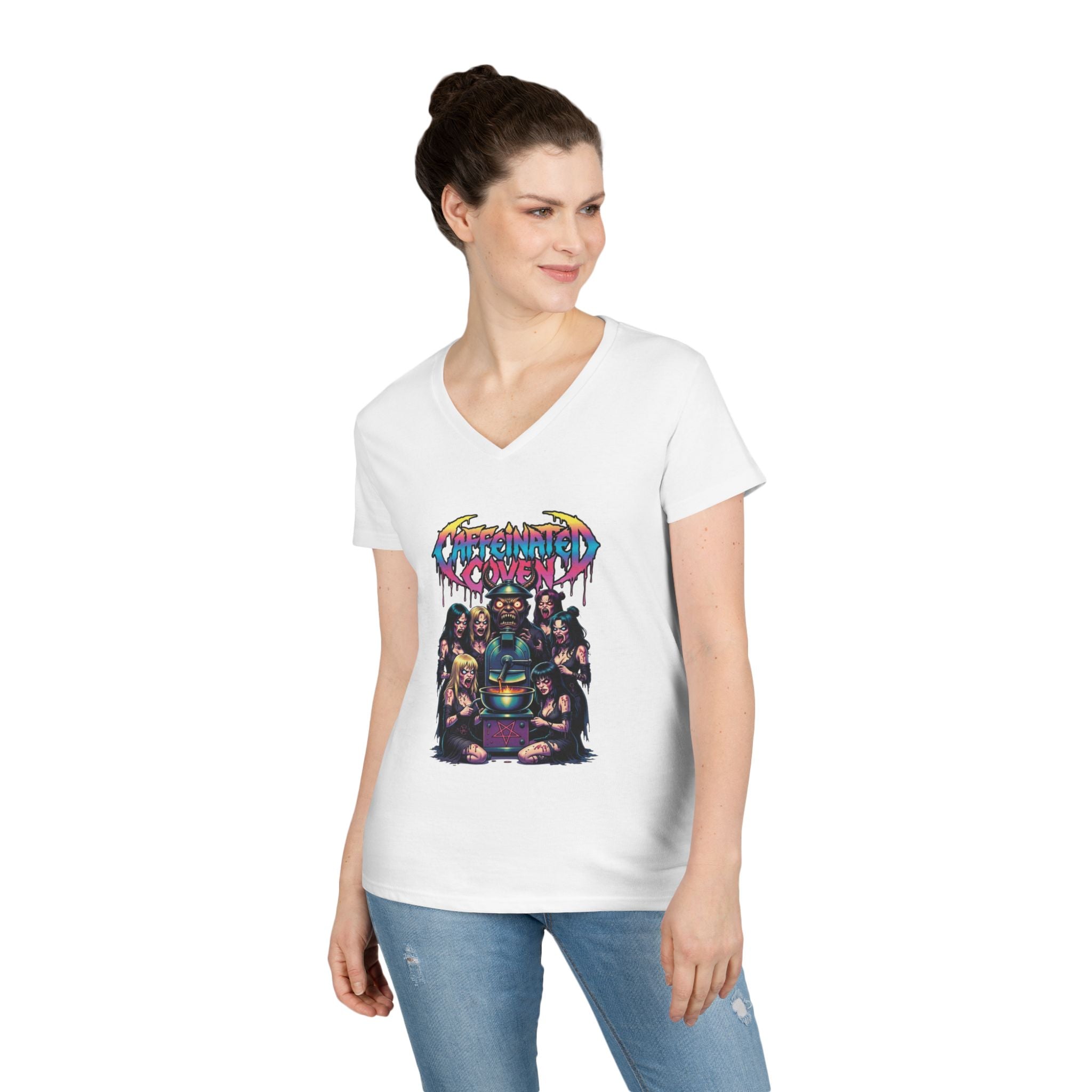 Caffeinated Ladies' V-Neck T-Shirt — Retro Horror Crew Graphic Tee (Creepy Doll & Dripping Logo)
