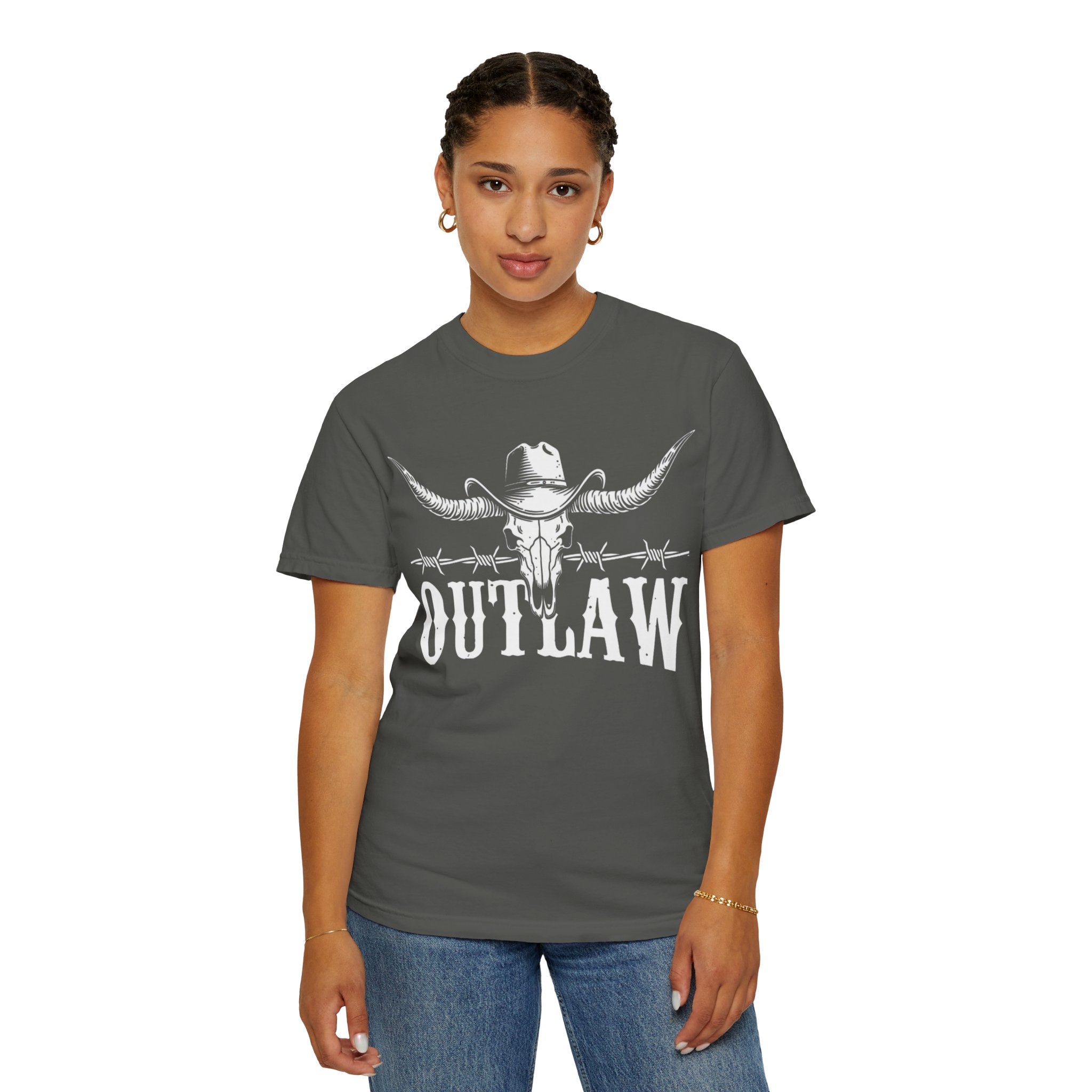 Outlaw Western T-Shirt — Longhorn Skull & Barbed Wire Cowboy Tee