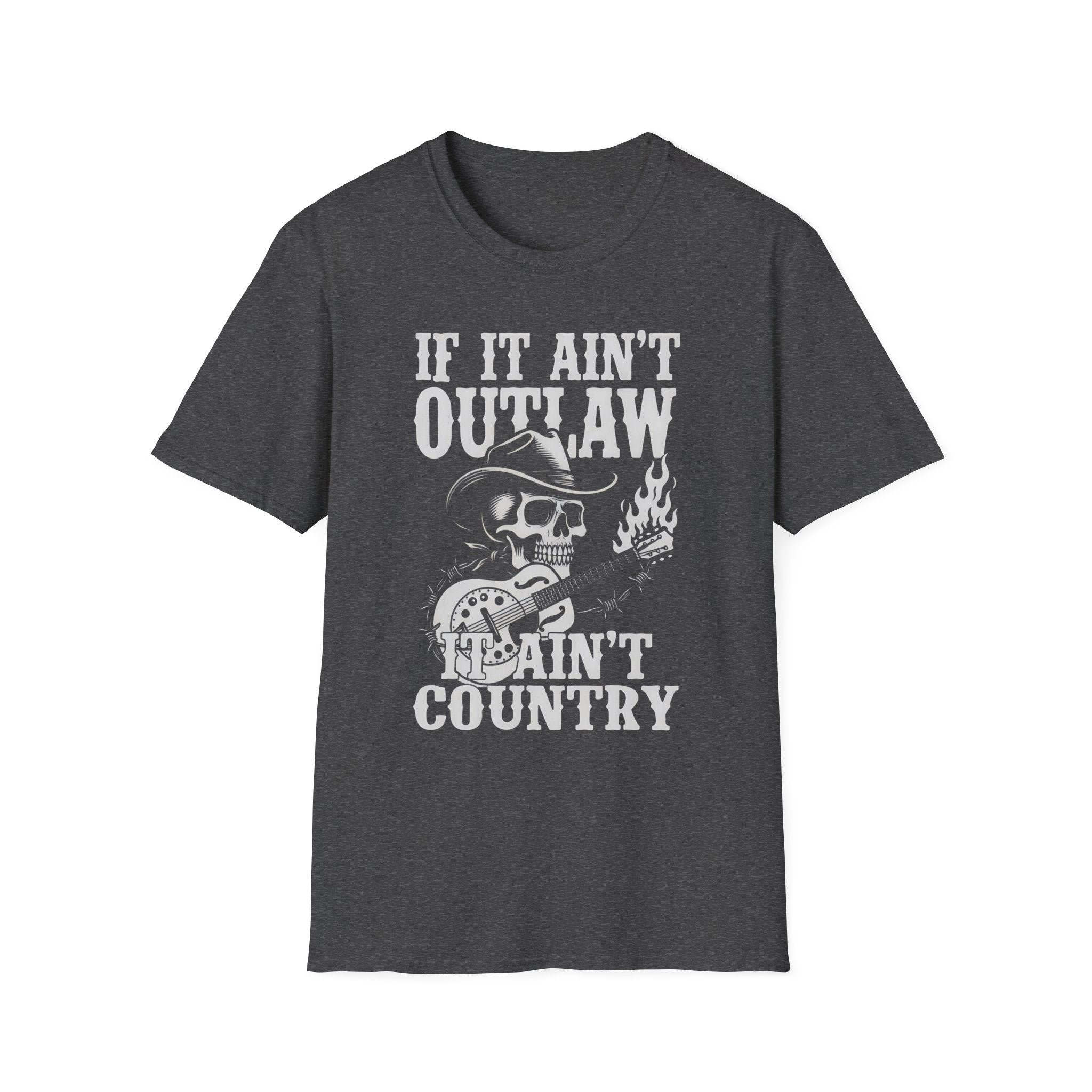 If It Ain't Outlaw, It Ain't Country T-Shirt — Skull Cowboy Guitar Graphic