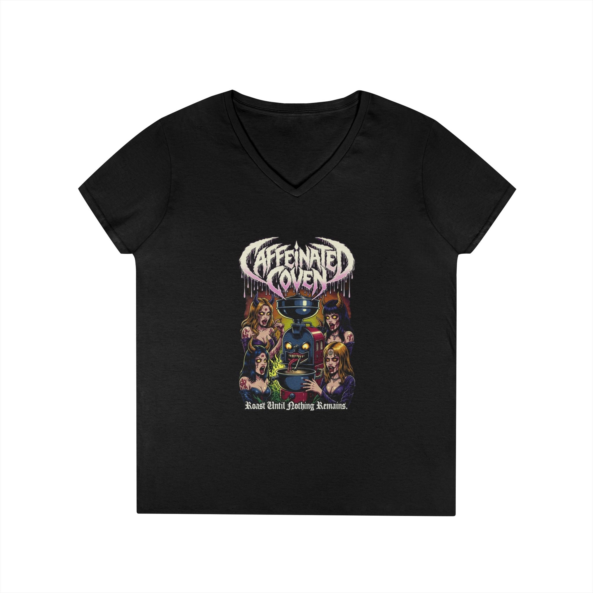 Caffeinated Coven V-Neck Tee — Retro Witchy Graphic T-Shirt