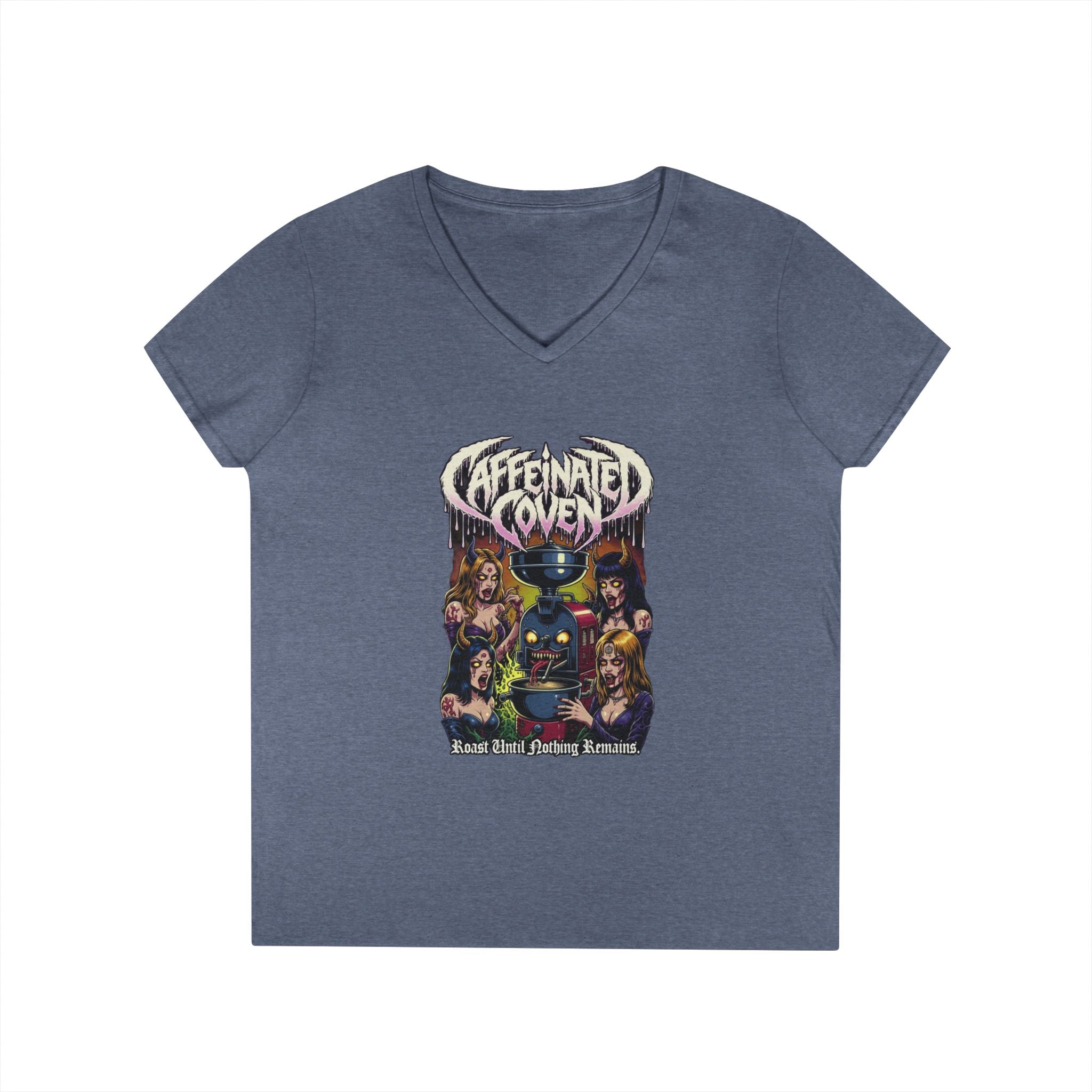Caffeinated Coven V-Neck Tee — Retro Witchy Graphic T-Shirt