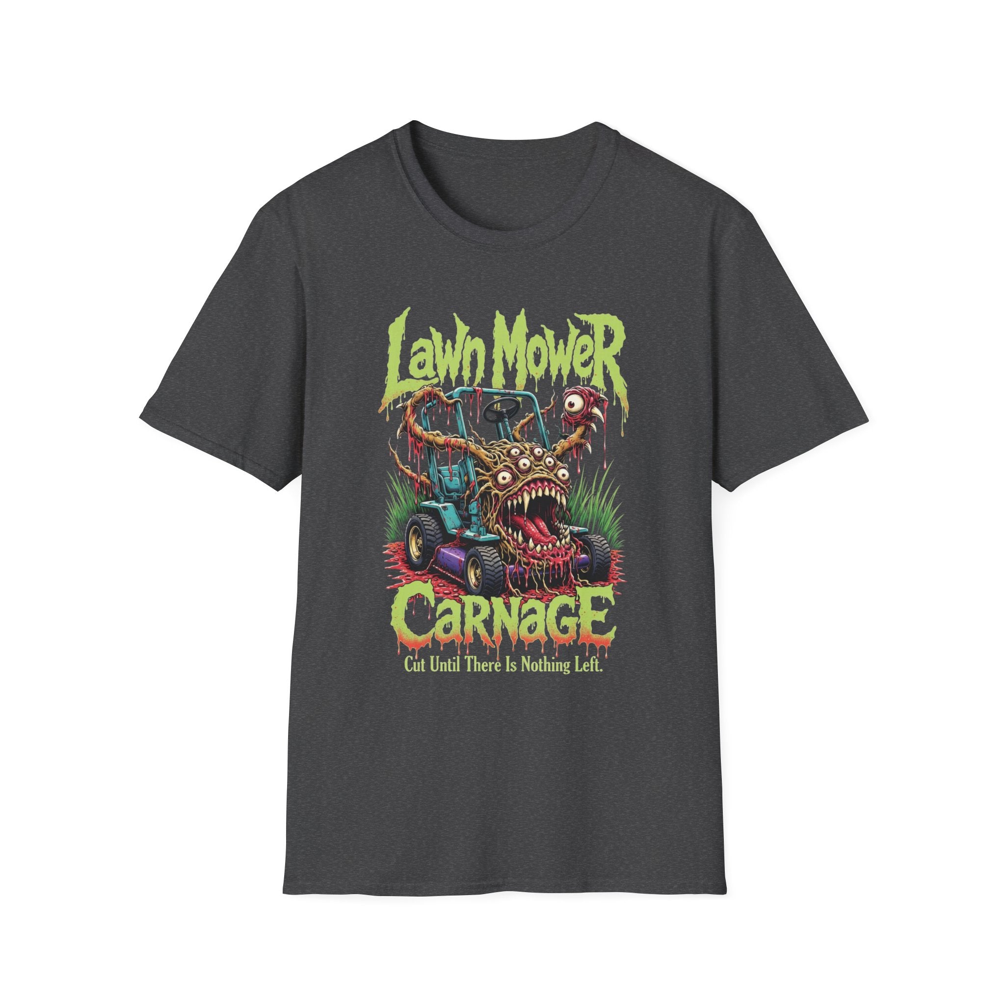 Lawn Mower Carnage Tee — Retro Horror Garden Monster T-Shirt