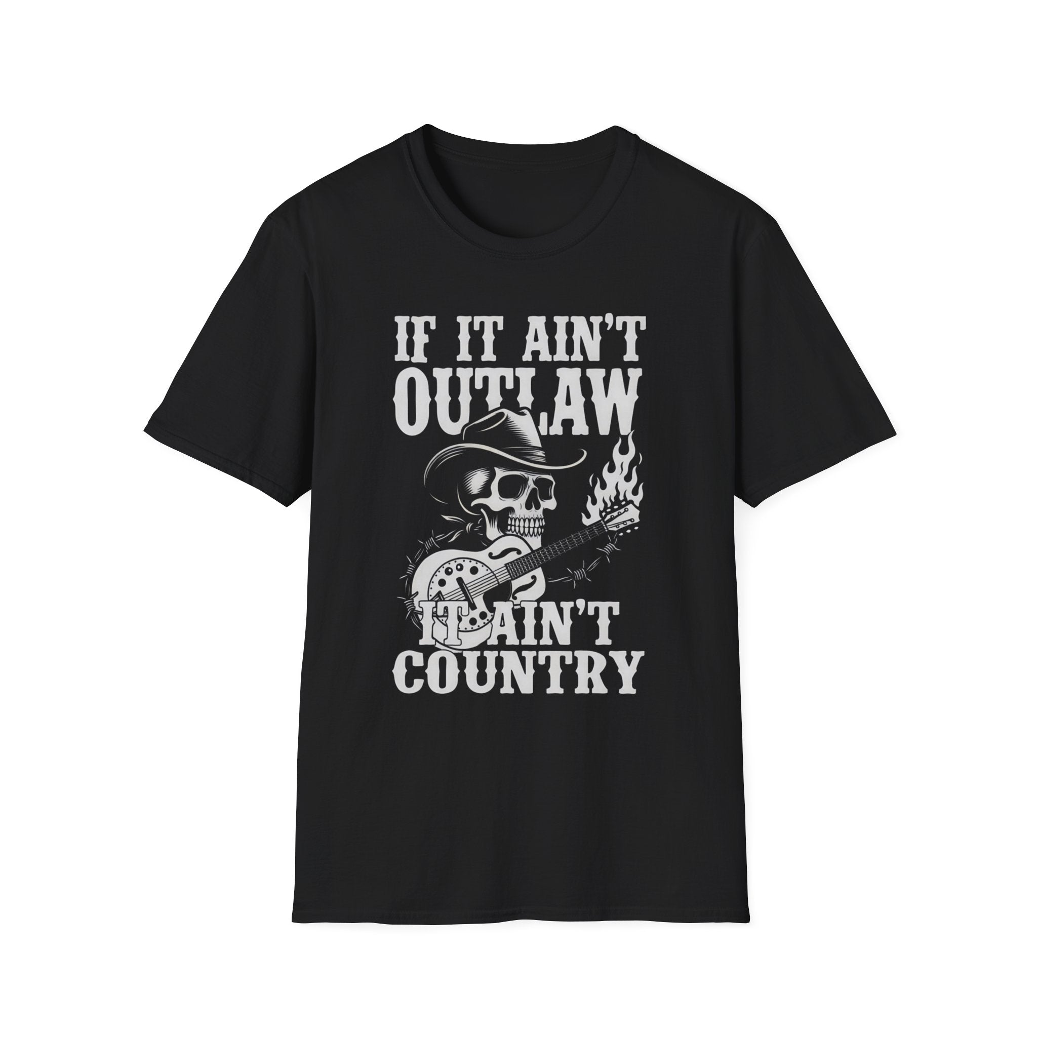 If It Ain't Outlaw, It Ain't Country T-Shirt — Skull Cowboy Guitar Graphic