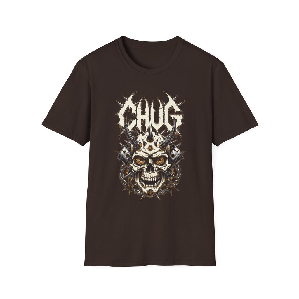 Chug Guitar Riffs Skull Tee — "Chug" Chains & Pistons Metal T-Shirt